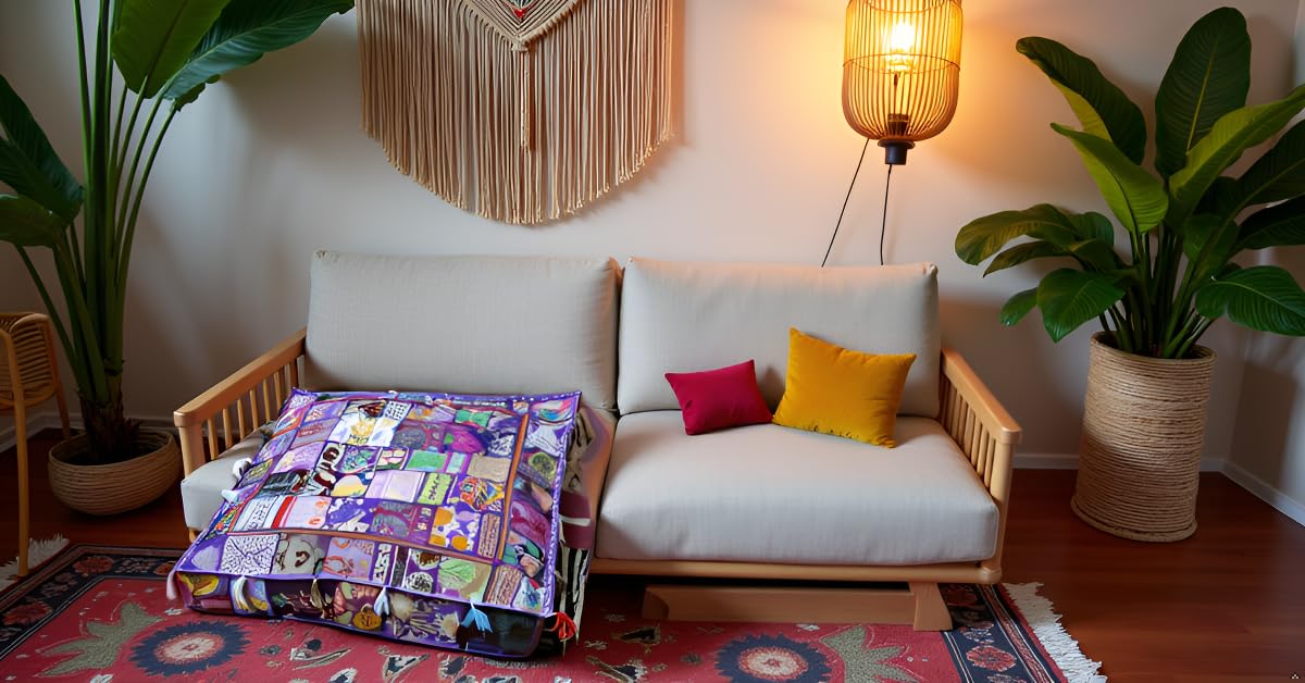 Handmade Square Purple Patchwork Pouf Cover 35 Inch Ottoman Cover Embroidered Cotton Floor Cushion Cover Bohemian Indian Decorative Floor Pillow Meditation Cushion for Living Room Bedroom (35"D x 35"W x 5"H / Purple)