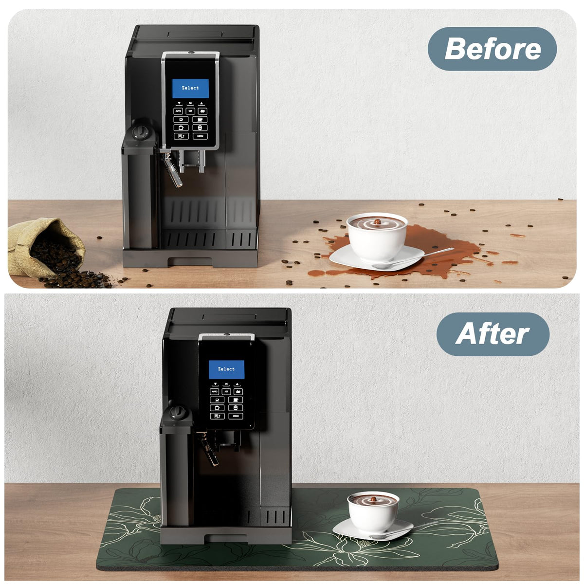 Coffee Mat 12" x 19" Coffee Bar Mats for Espresso Machine Station Accessories and Organizer (Line Art Magnolia / 12" x 19")