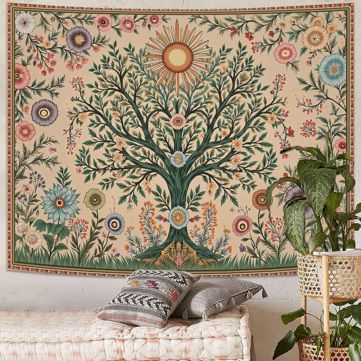 Chakra Tree Wall Tapestry (80"L x 60"W / Cream Green)