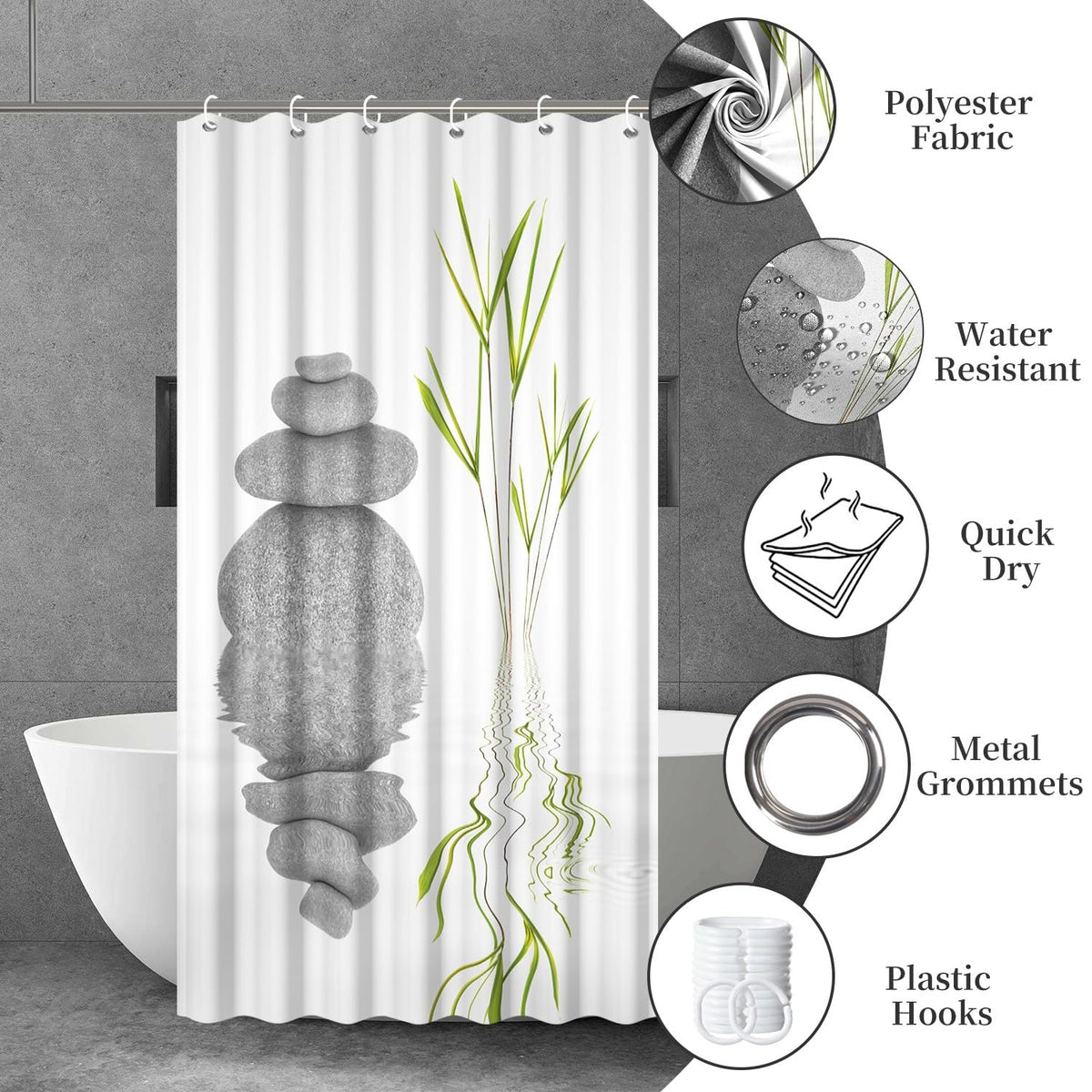 Zen Shower Curtain Spa Shower Curtain Zen Stone Meditation Bathroom Curtains Set Waterproof Cloth Fabric with Hooks Restroom Bath Bathtub Home Decor Accessories 36x72 inch (36"W x 72"L (Pack of 1) / White 02)