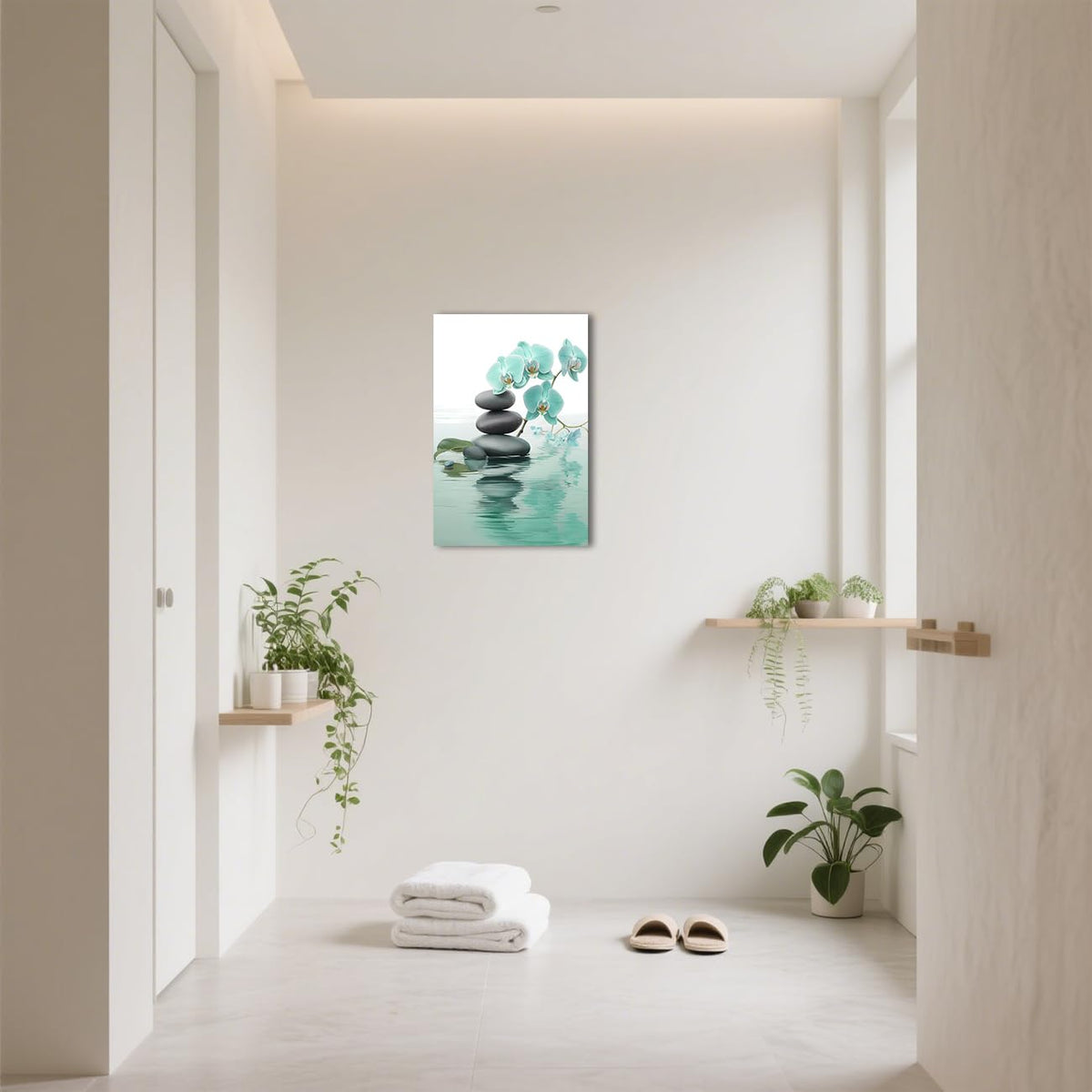 Zen Bathroom Wall Art Orchid Flower with Zen Stones Pictures Spa Painting Still Life Canvas Prints for Meditation Spiritual Room Decor Framed (Teal / 30L" x 20W")