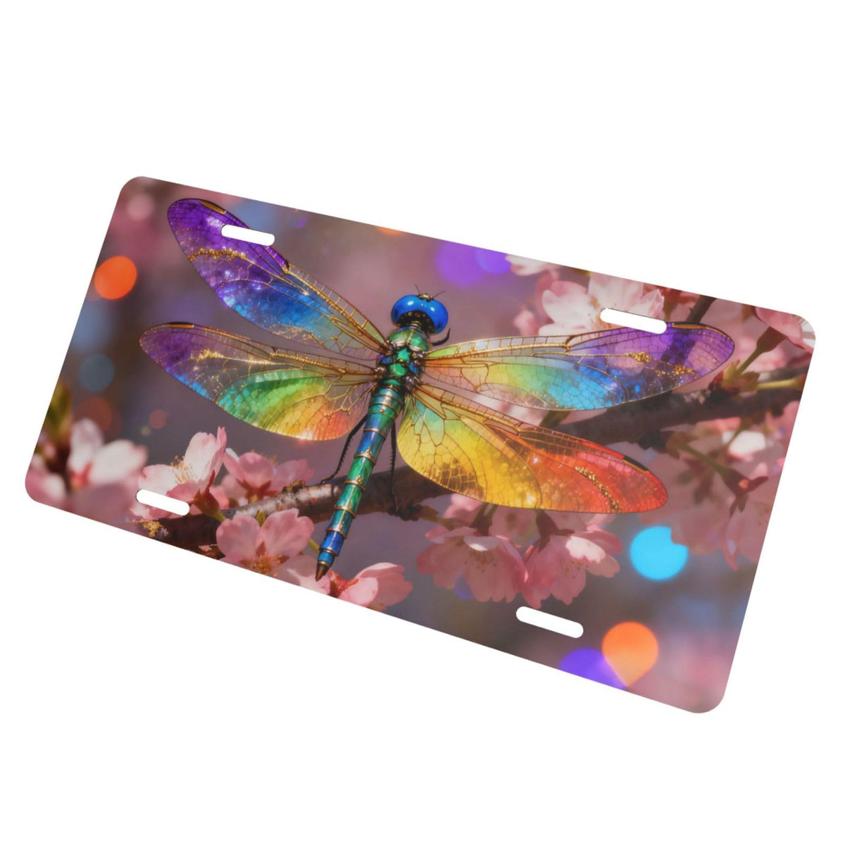 Colorful Dragonfly Plum Blossom Pink Flower Front License Plate Aluminum Decorative License Plates Metal Car Plate 6"X12" Novelty Vanity Tag Cover with 4 Holes Car Decor Accessory (White / 6 X 12 Inch)