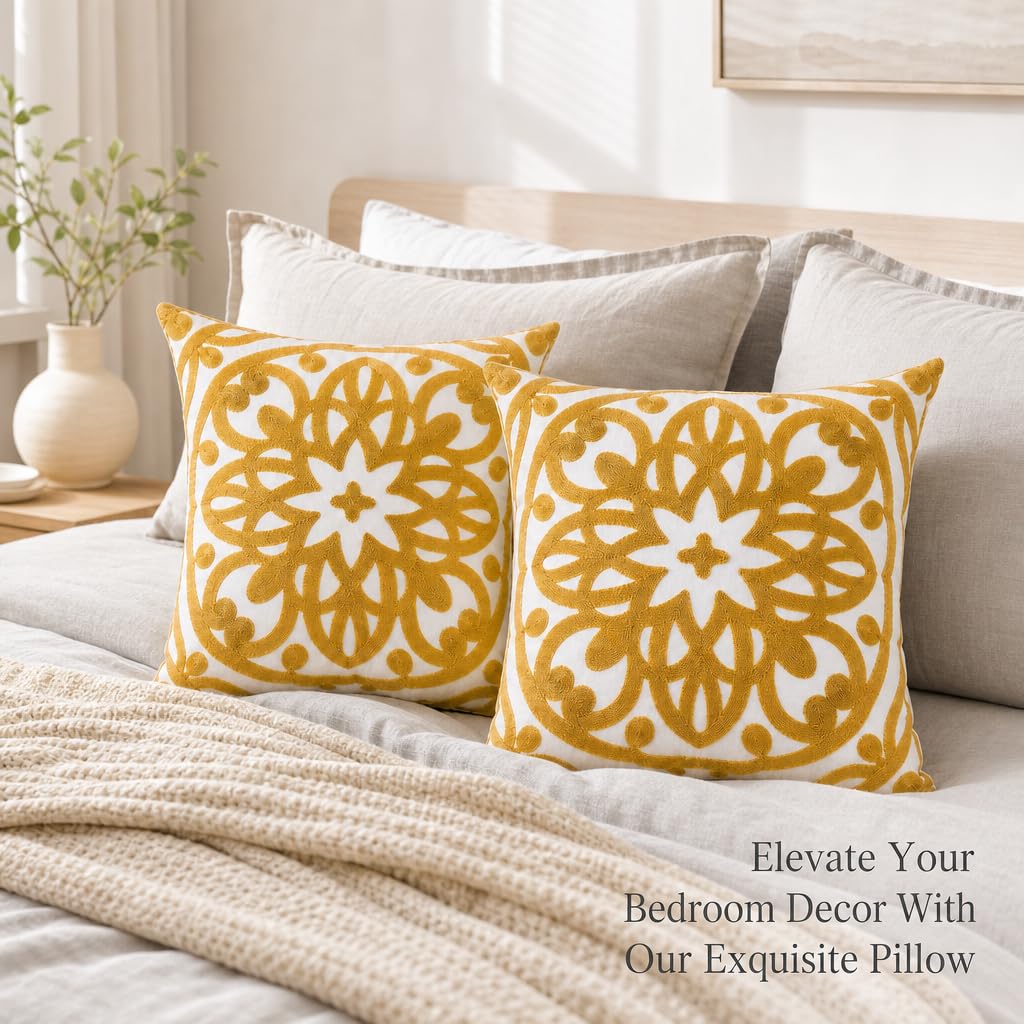 Boho Embroidered Throw Pillow Cover 18"x18" (Gold / 18" x 18" (Pack of 2))