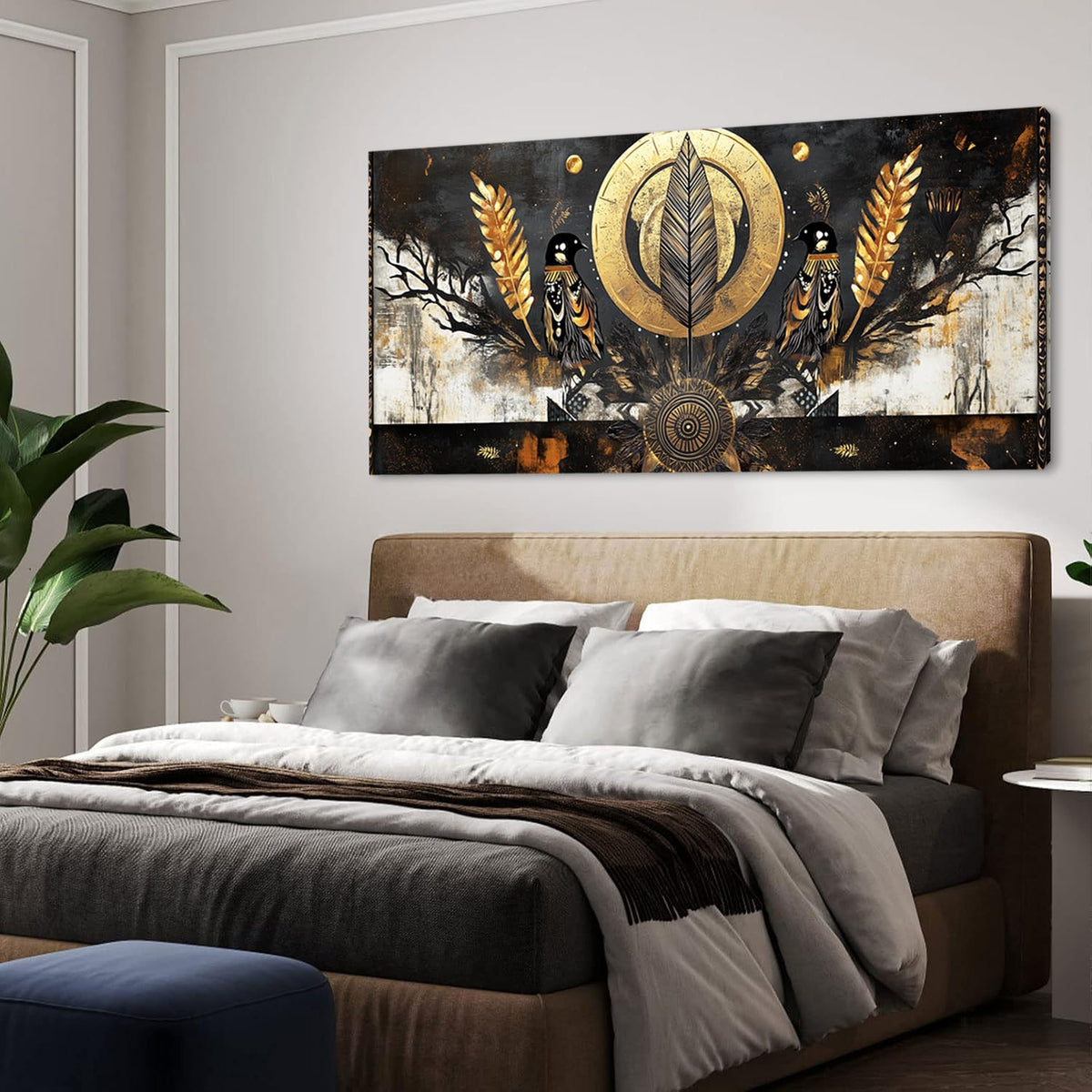 Gold Black Two Symmetrically Ravens Wall Art for Living Room Office Mystical Symbolic African Tribal Painting Prints Abstract Canvas Artwork Dining Bedroom Decor Extra Large (Abstract / Gold Black Two Ravens Wall Art / 58"L x 28"W)