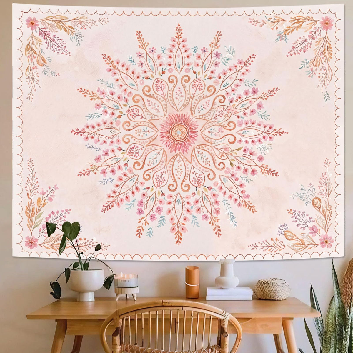 Floral Mandala Tapestry Boho Tapestry for Bedroom Pink Tapestries Wall Hanging Living Room Wall Art and Home Decor 44x60 (60"L x 44"W / Pink)