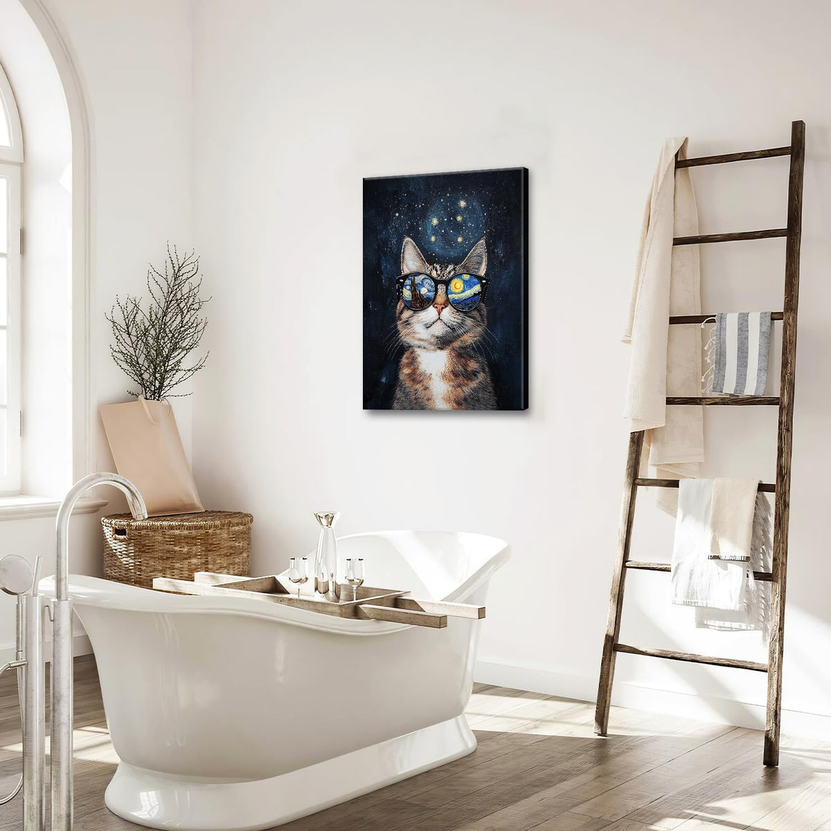 Funny Cat Wall Art Cute Cat Bathroom Canvas Wall Decor Starry Night Glasses Pictures Paintings Prints Artwork Framed Decorations For Bedroom Living Room Gifts 16" x 24" (Vangogh Cat / 24"L x 16"W)