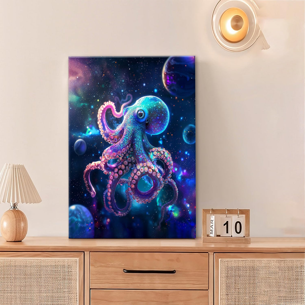Octopus Galaxy Canvas Wall Art Octopus In Space Pictures Wall Decor Cool Poster Prints Painting Framed Artwork Modern Decoration for Bedroom Living Room Dining Room 16"x24" (24"L x 16"W / Octopus in Space)
