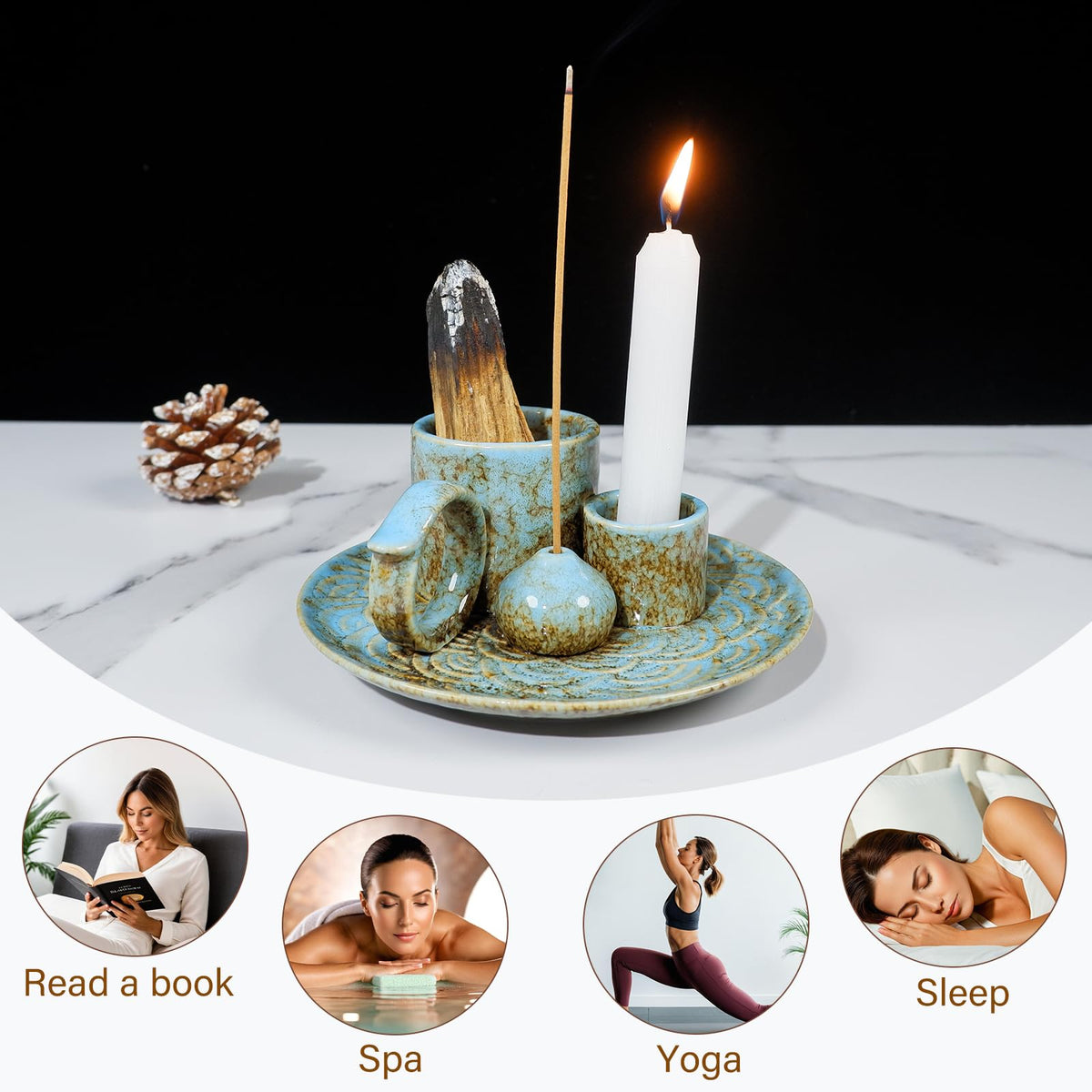 5-in-1 Ceramic Palo Santo Burner Holder Blue -Small Candle Holder (Blue)
