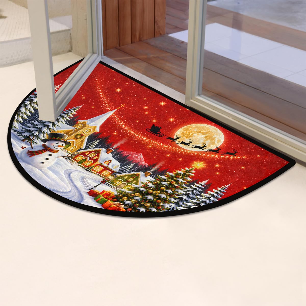 Half Round Doormat Washable Kitchen Semi Circle Rug Christmas Snowman deer (G 01)