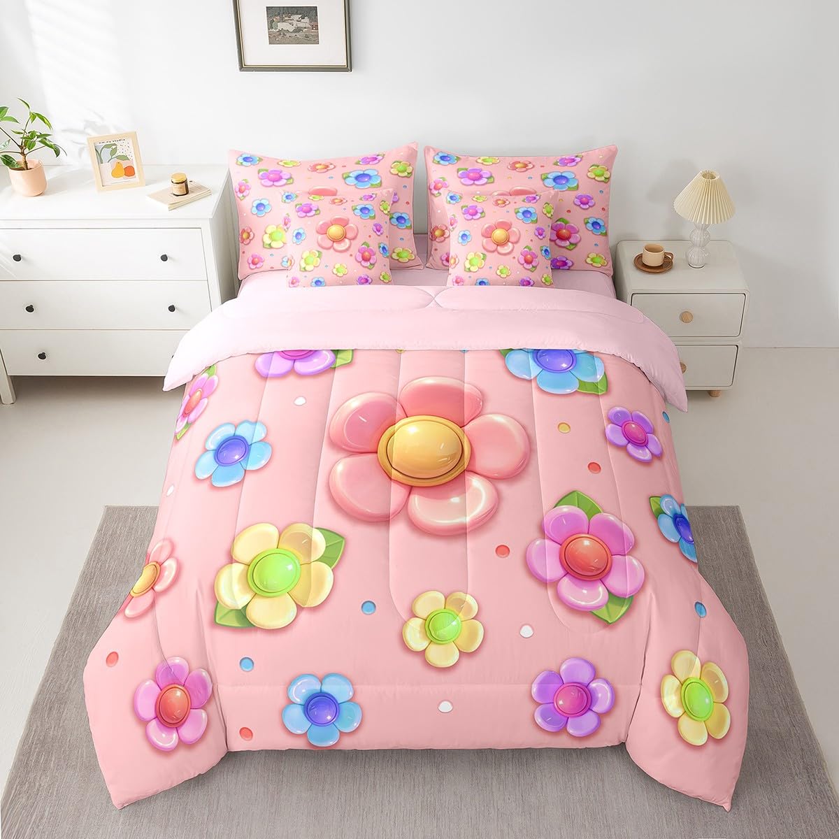 Bright Pink Comforter Set with Sheets Full Size Kids Flower 7 Piece Bedding Set All Season for Boys Girls Teens Modern Art Bed in A Bag Breathable Soft Lightweight Room Decor (Bright Pink / Full)
