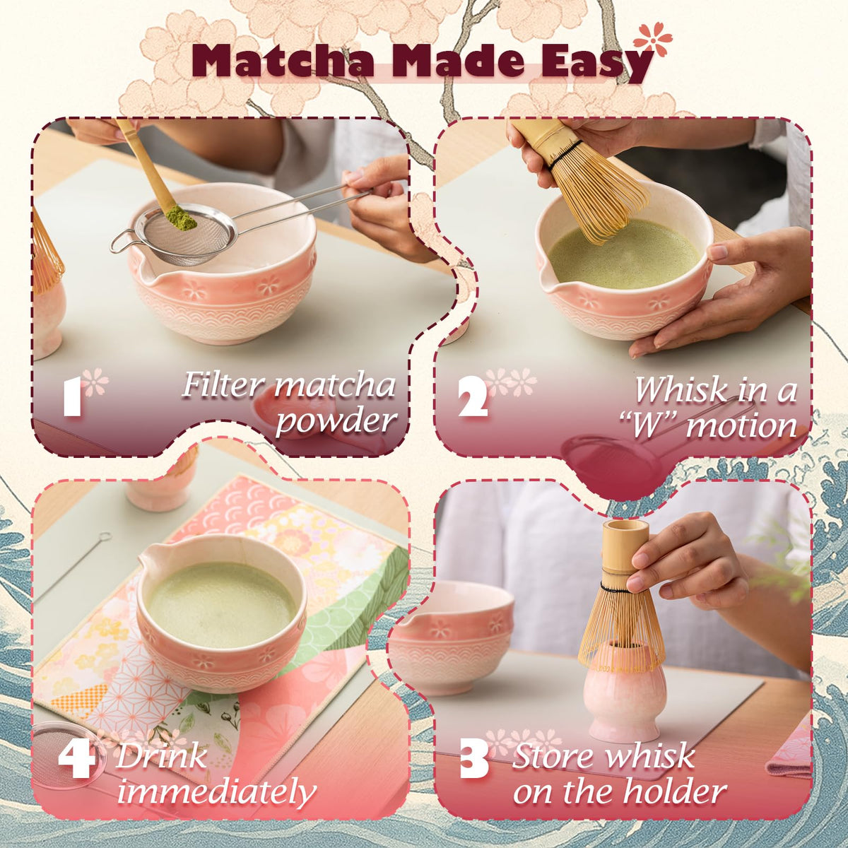 8 Pcs Matcha Whisk Set. Matcha set includes matcha bowl with Cherry Blossom (Pink Gradient)