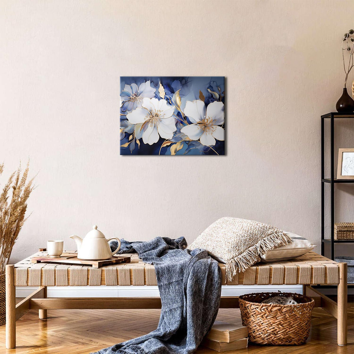 Abstract White Flower Wall Art Blue and Gold Floral Wall Decor Navy Blue Gold Marble Wildflowers Canvas Pictures for Bedroom Decor Abstract Botanical Prints Artwork Living Room Home Decoration 12x16" (16"L x 12"W / Abstract Flower)