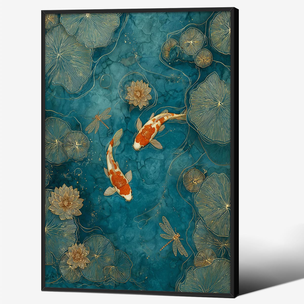 Japanese Koi Fish Zen Black Framed Canvas Wall Art Traditional Oriental Asian Prints 12x18 inch Elegant Emerald Green Pond Koi Fish Posters for Office Home Bedroom Meditation Yoga Spa Room Decor (Black Framed / Japanese Posters / 18"L x 12"W)