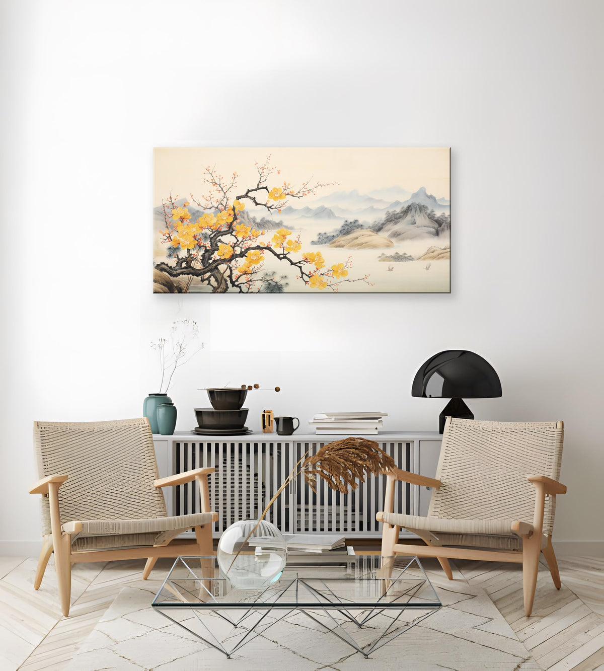 Asian Wall Art Traditional Chinese Painting Oriental Yellow Plum Blossom Canvas Pictures for Wall Decor Home decor for Living Room Cherry Blossom Decor Landscape Artwork Framed Ready to Hang (Yellow Blossom-One Piece / 16"L x 8"W)