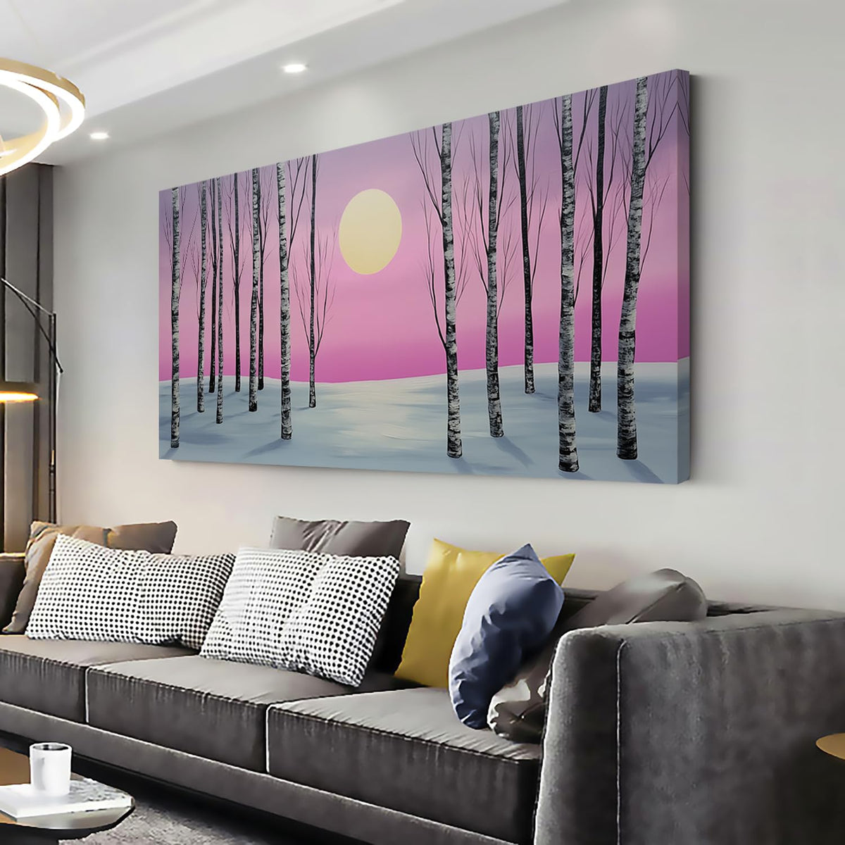 Pink Birch Forest Wall Art for Living Room Office Minimalist Landscape Moonlit Wilderness Art Painting Prints Contemporary Canvas Artwork Dining Bedroom Decor (Contemporary / Pink Gold Birch Forest Wall Art / 40"L x 20"W)