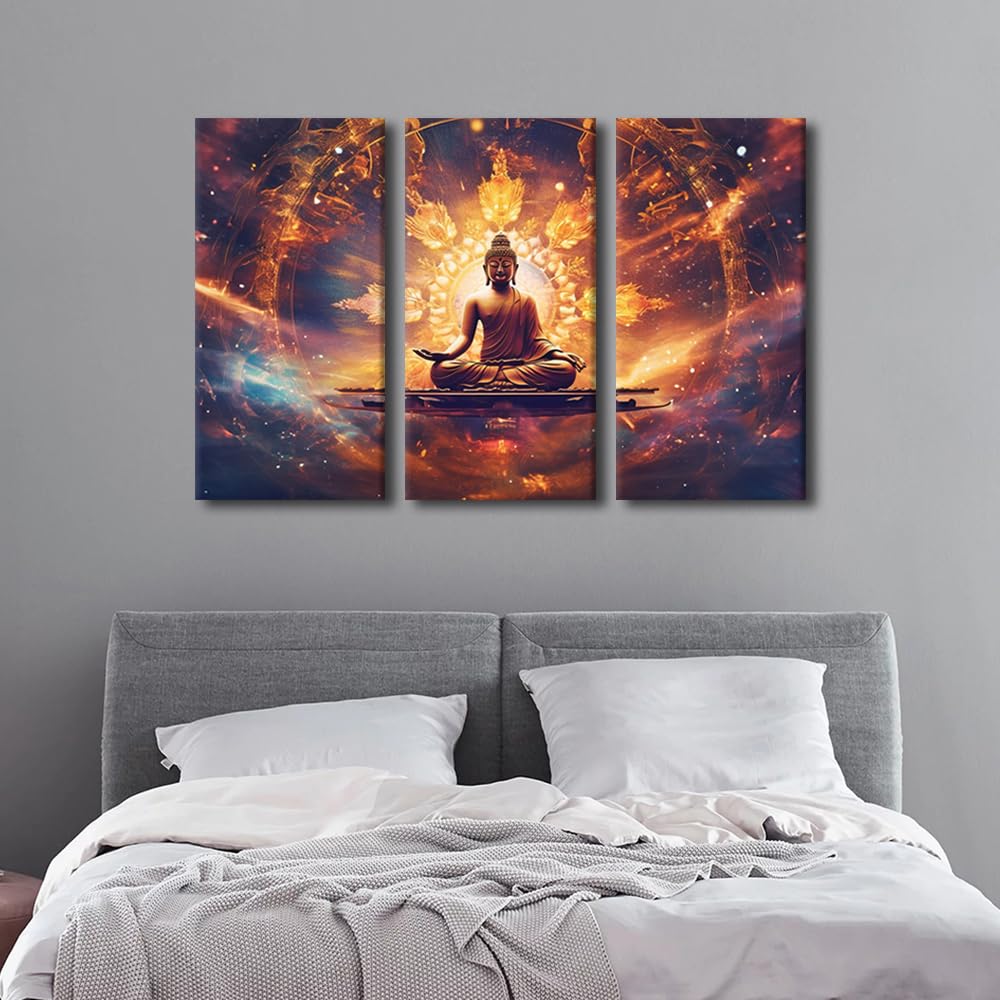 Canvas Wall Art Decor Buddha Sculpture Poster Art 3 Panel Religious Wall Art Buddha Deity Universe Galaxy Nucleus Paints for Bedroom Office Wall Decor Stretched and Framed Ready to Hang 36x24 in (36x24 in / 3PANEL-16)
