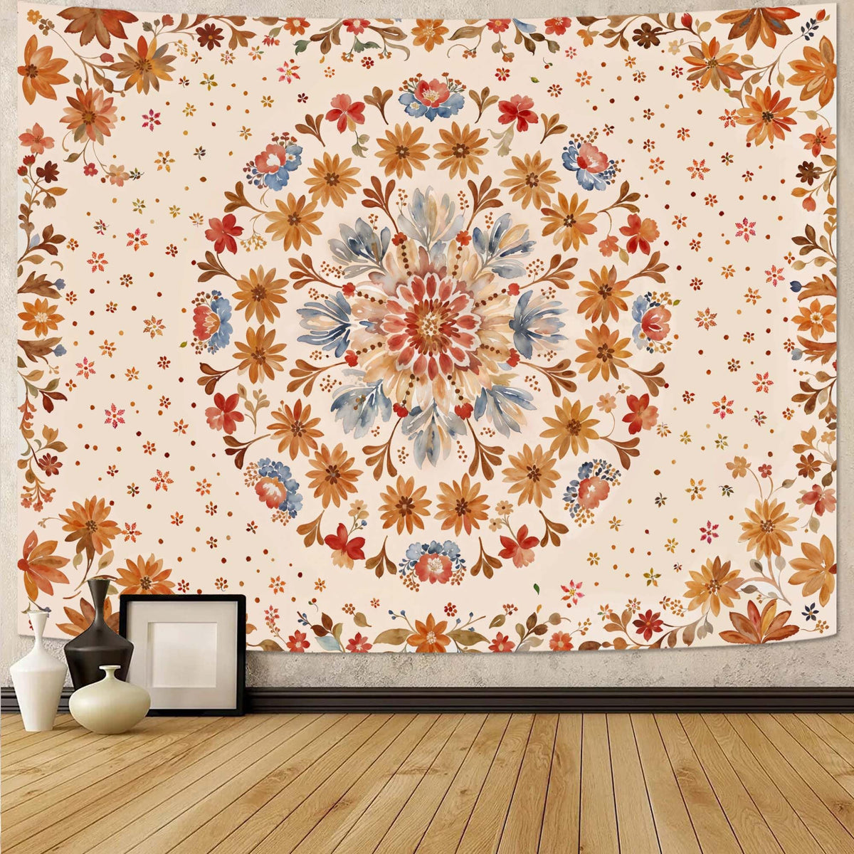 Boho Floral Mandala Tapestry Wall Hanging Watercolor Bohemian Flower Medallion Tapestry Aesthetic Beige Orange Hippie Indian Extra Large Tapestries for Bedroom Living Room Dorm Decor 90 x 68 Inch (Beige Orange / 90"L x 68"W)