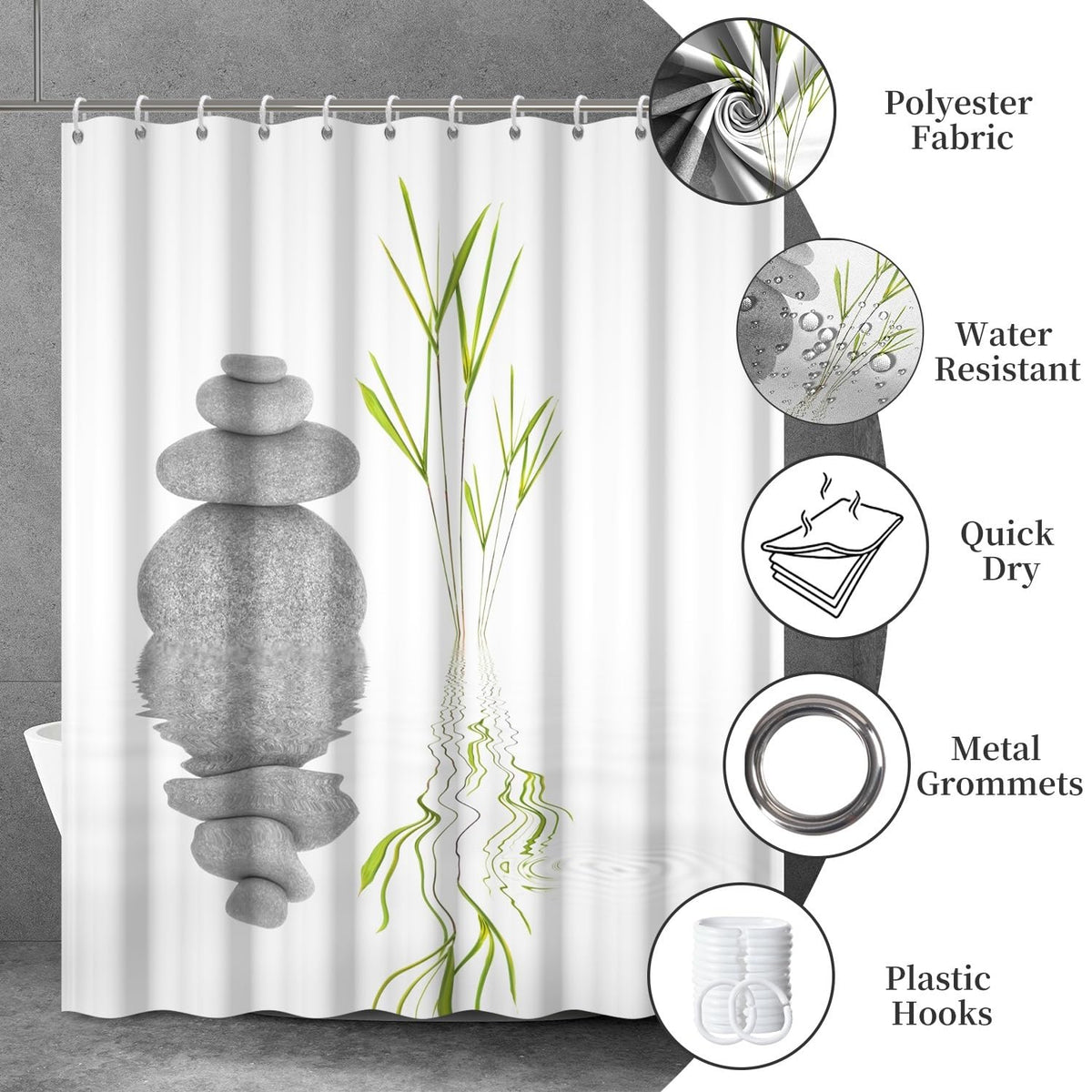 Zen Shower Curtain Spa Shower Curtain Zen Stone Meditation Bathroom Curtains Set Waterproof Cloth Fabric with Hooks Restroom Bath Bathtub Home Decor Accessories 72x78 inch (72"W x 78"L (Pack of 1) / White 02)