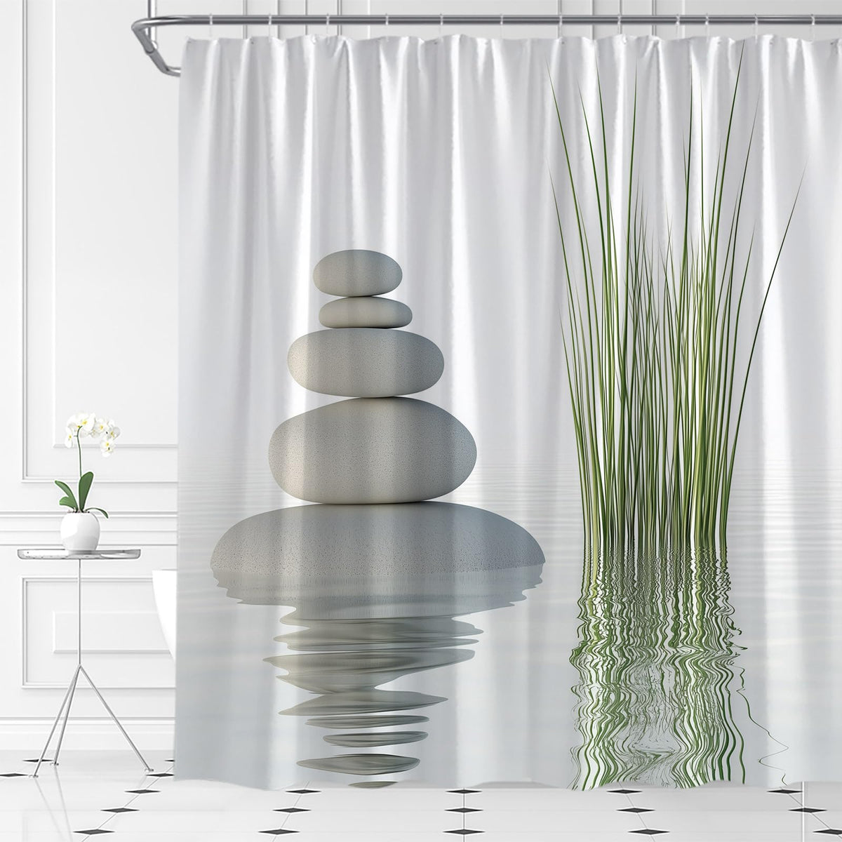 Zen Spa Shower Curtain Stone Wild Grass Reflection in Water Still Life Art Design Fabric Bathroom Decor Set (White / 70"W x 84"L (Pack of 1))