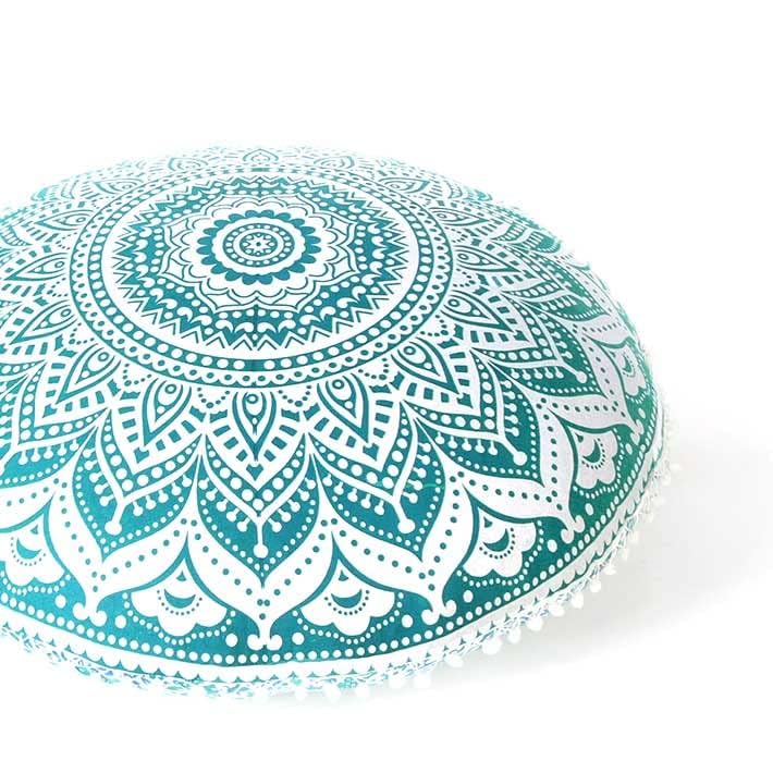 Mandala Floor Pillow Cover Meditation Cushion Seating Throw Hippie Round Colorful Decorative Bohemian Indian Pouf Ottoman Handmade Cover ONLY (32" x 32" (Pack of 1) / Ombre Green Round)
