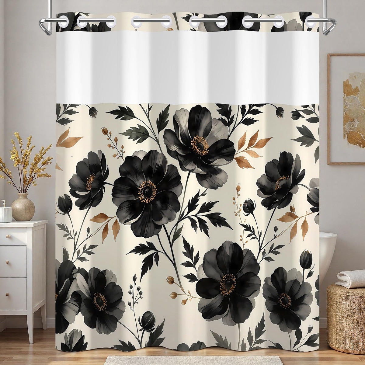 Black Floral Shower Curtain with Snap in Liner (Black Floral)