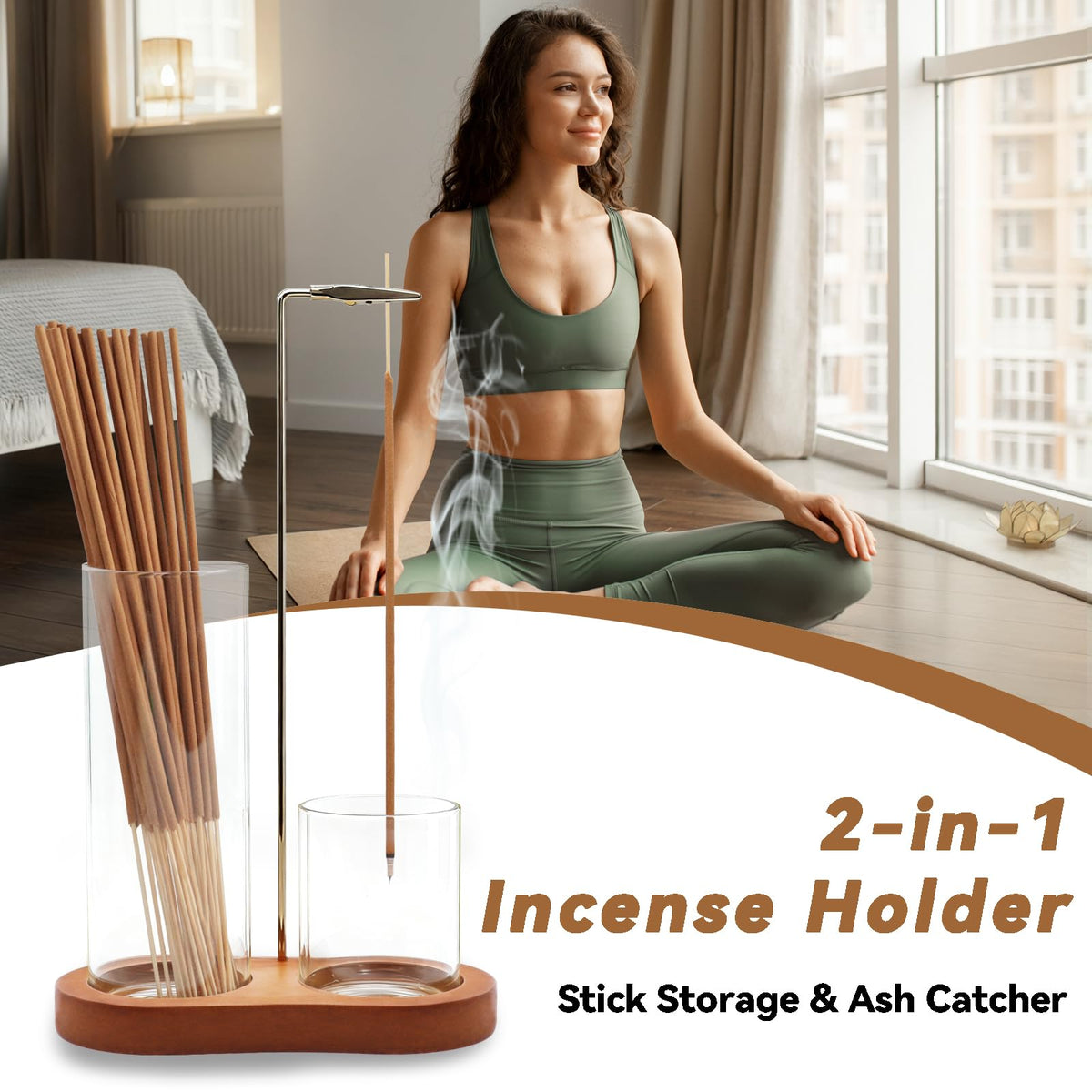 2-in-1 Incense Holder for Sticks, Incense Burner Holder with Glass Ash Catcher & Stick Storage, Bedroom House Yoga Meditation Zen Decor, Spa Gifts for Women, Unique Cozy Home Decor, Natural Wood (Natural Wood)