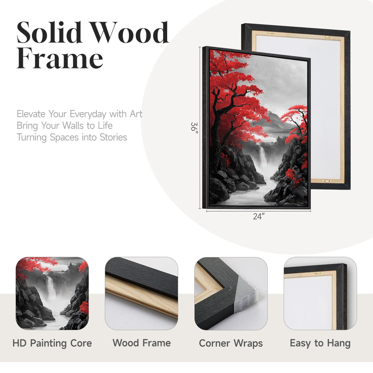 Large Framed Red Japanese Landscape Wall Art for Living Room (Red White / 24"L x 36"W)