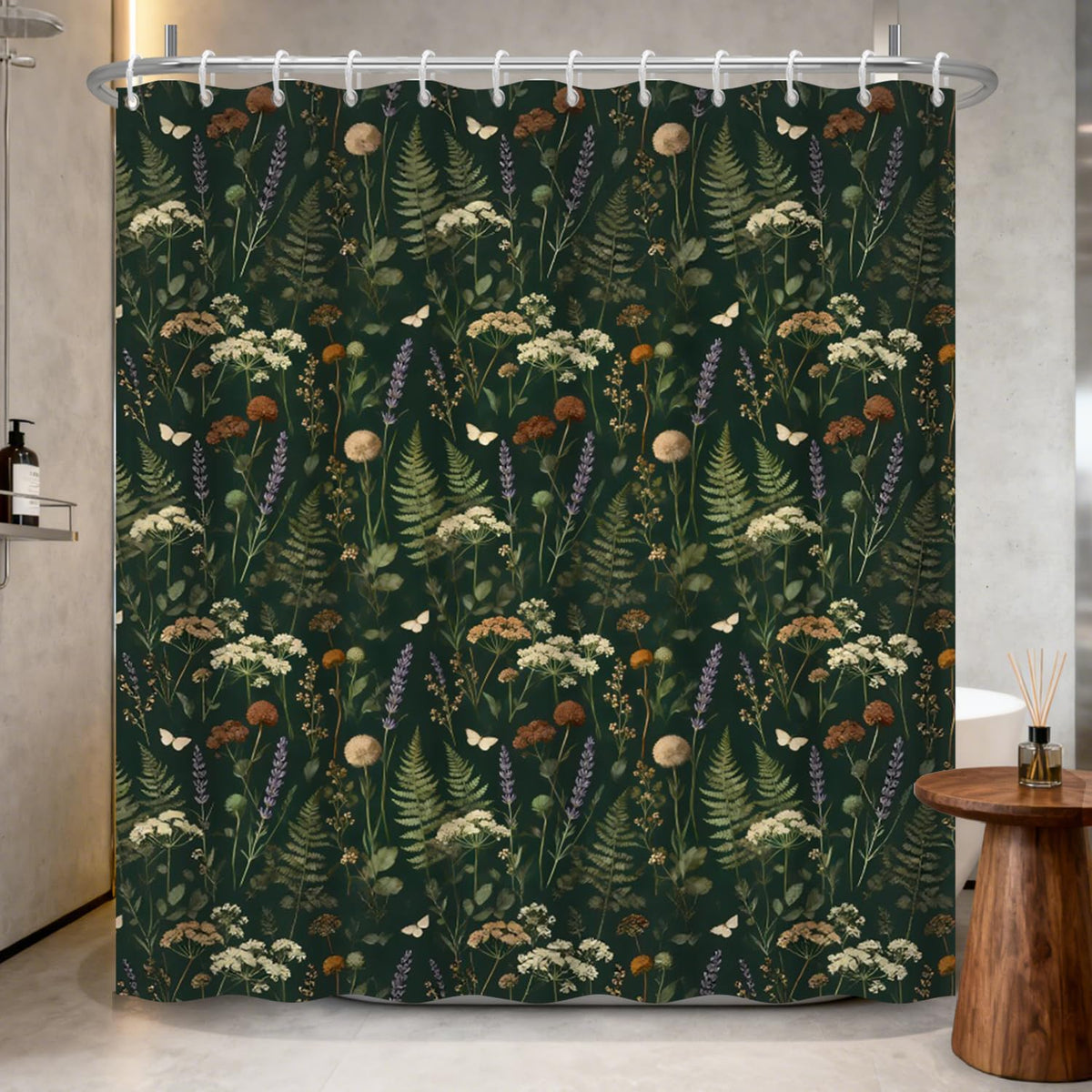 Dark Green Botanical Shower Curtain with Hooks (Dark Green Floral / 72"W x 78"L (Pack of 1))