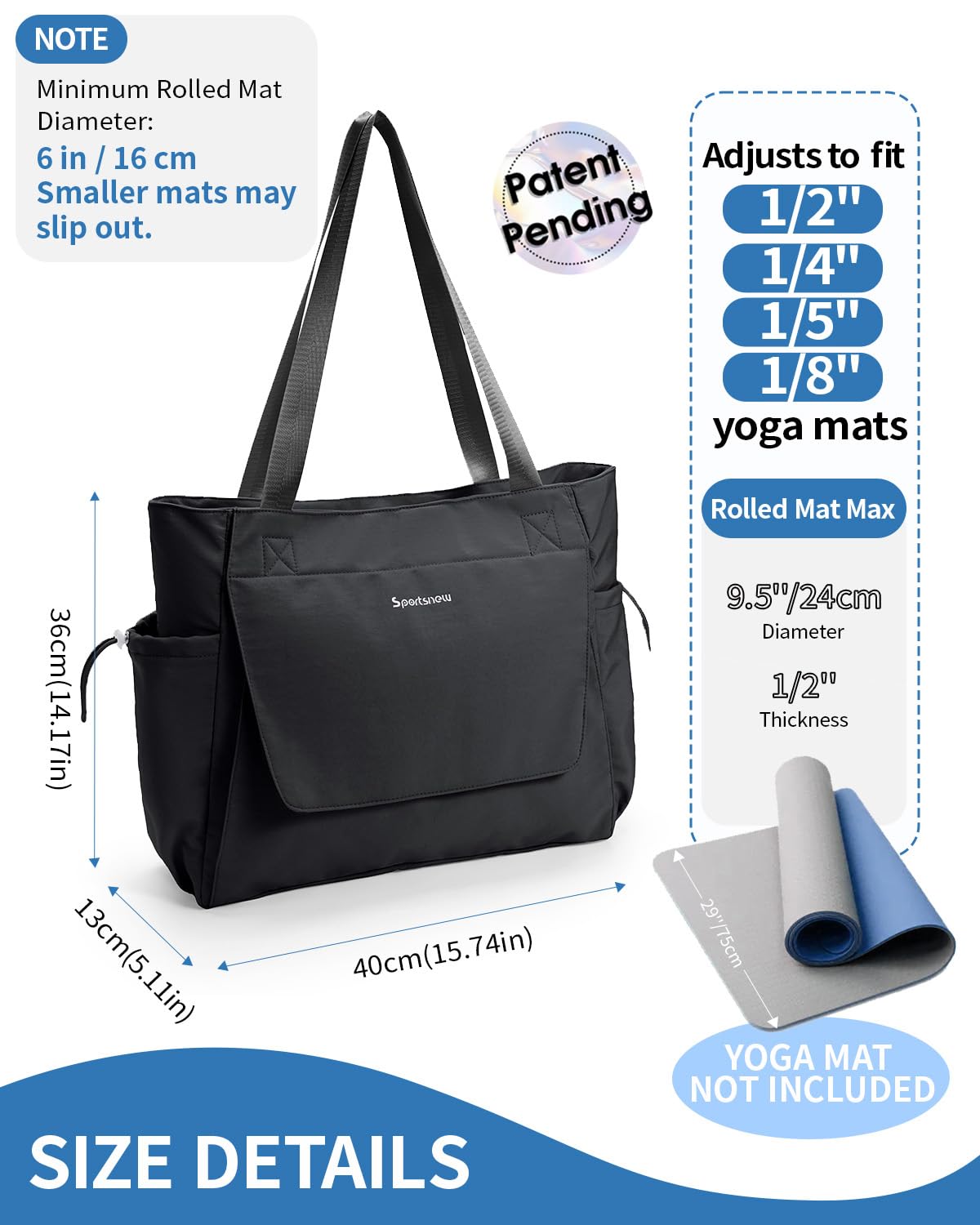 Yoga Mat Bag Waterproof Tote Gym Bag Mat Carrier W (Black)
