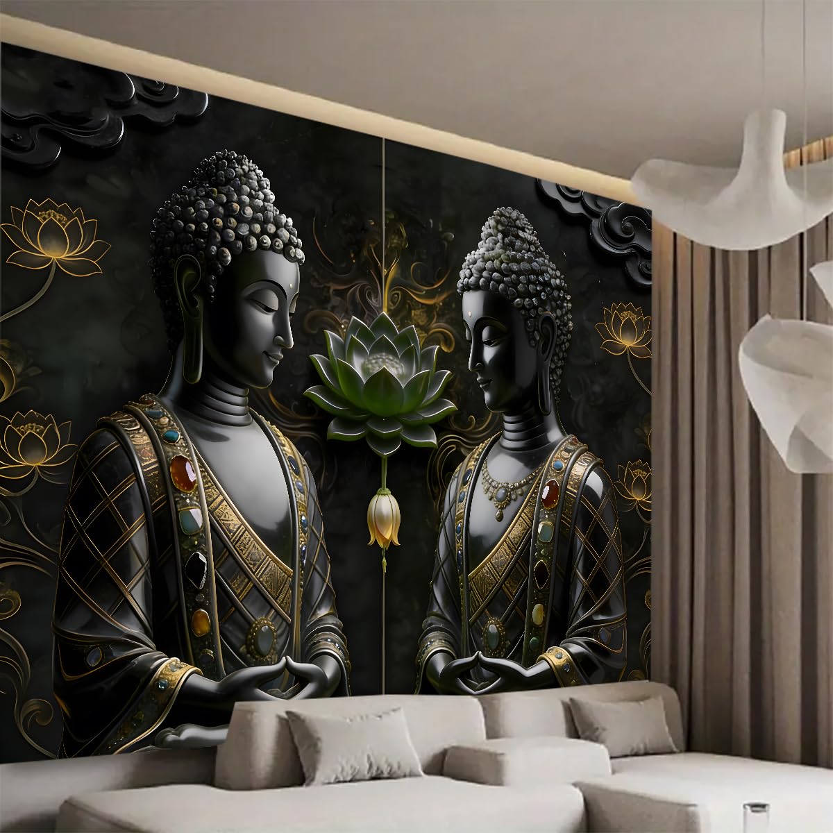 Black Vintage Sitting Buddha Tapestry Wall Hanging Buddhist Statue Tapestries Green Lotus Meditation Wall Decor Psychedelic Indian Zen Art for Bedroom Living Room Home Decor (Black2 / 59"L x 51"W)