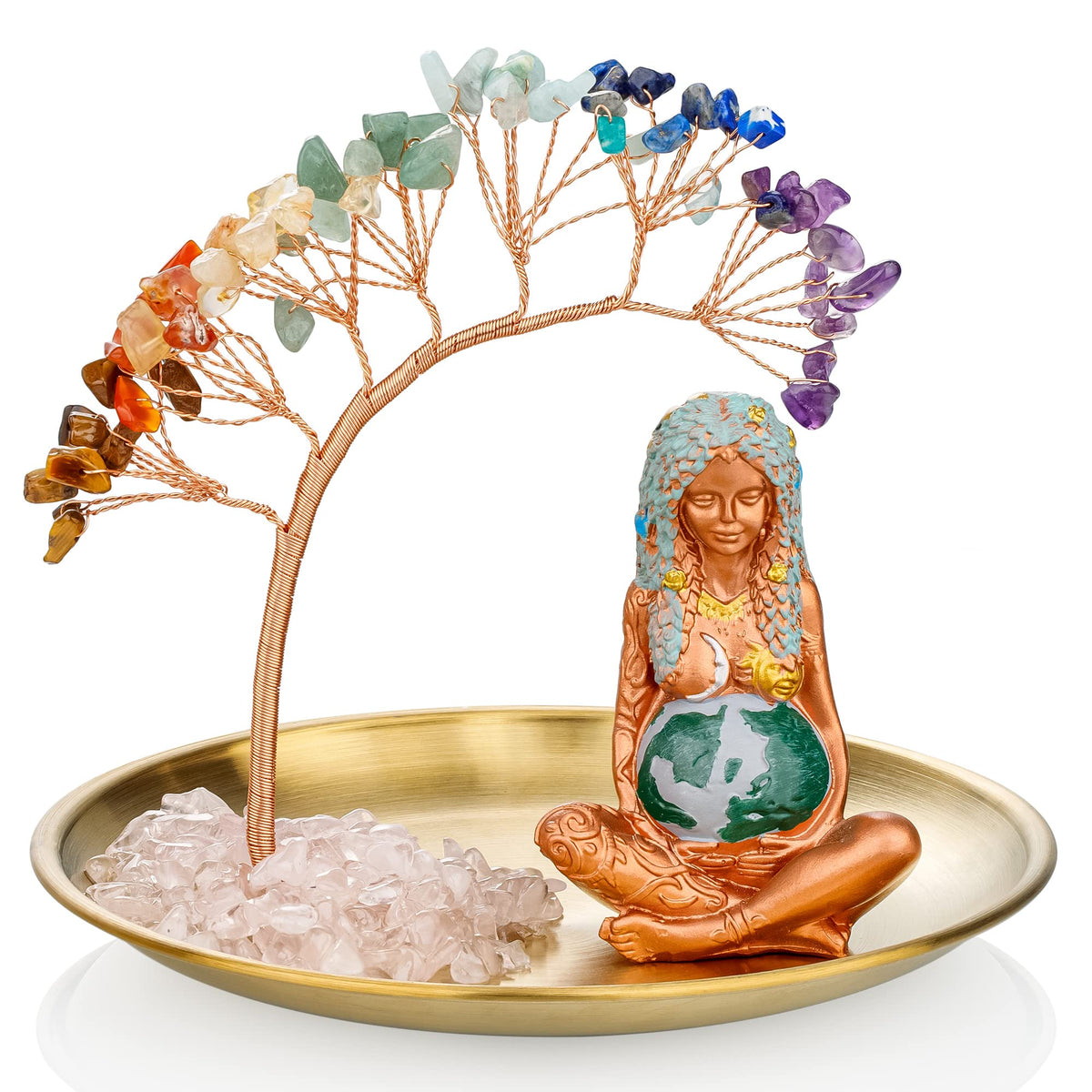 7 Chakra Healing Crystal Tree Ceramic Mother Earth Decor Mother Earth Statues Gifts for Women (Mother Earth Statue + 7 Chakra Tree + Gold Tray)