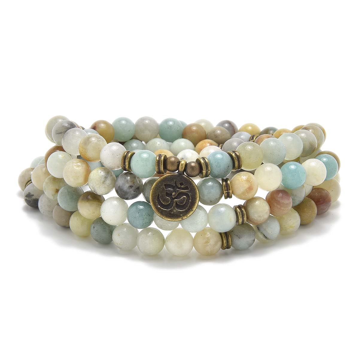 108 Natural Stone Mala Beads Yoga Jewelry Meditation Bracelet Necklace with om Charm (Amazonite)