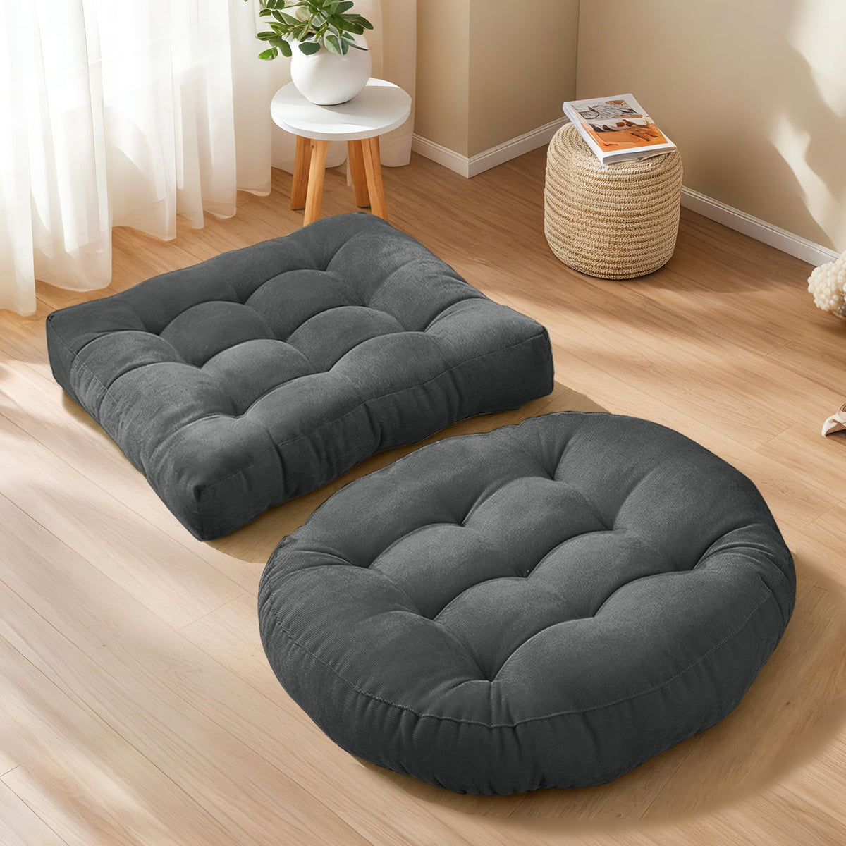 Floor Cushion Pillow Set of 2 Large Round and Square Floor Pillows for Adults Meditation Cushion Pillow Tufted Corduroy Cushions for Living Room Outdoor Yoga Tatami Fireplace (Grey)