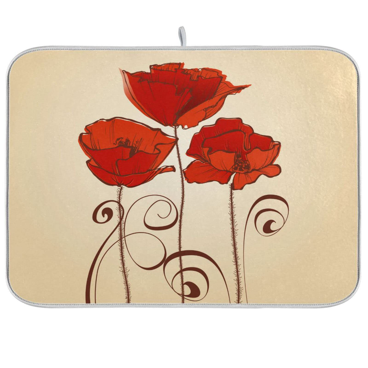 Super Absorbent Dish Drying Mat (Red Poppy Flowers Retro / 16" x 18")