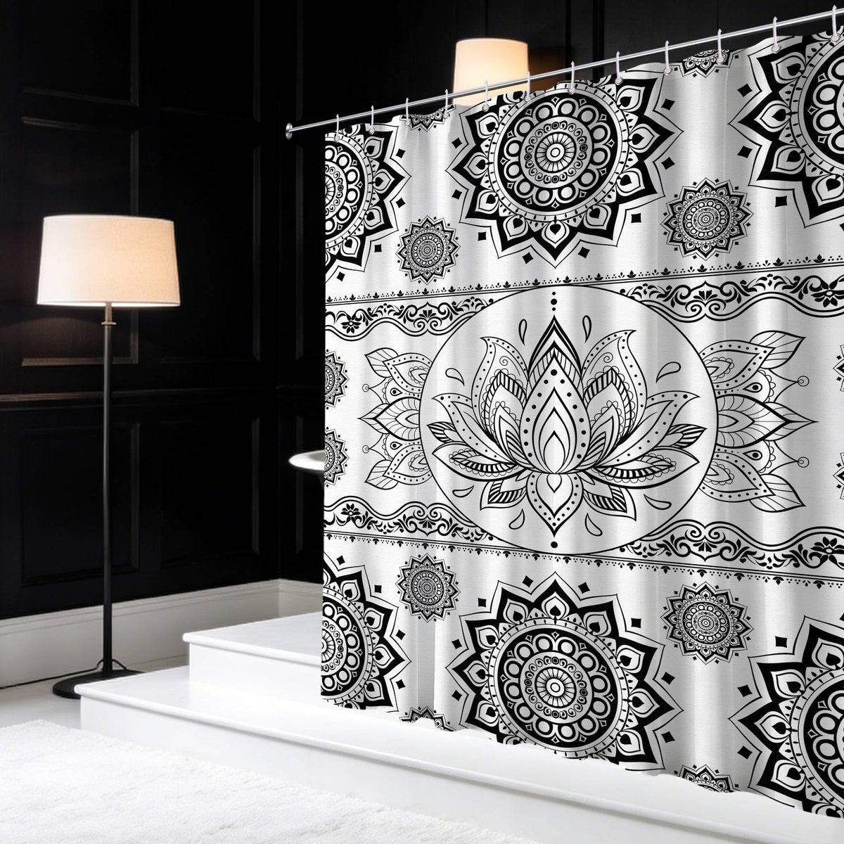 Black and White Mandala Shower Curtain Lotus Flower (Coloful / 70"W x 72"L (Pack of 1))