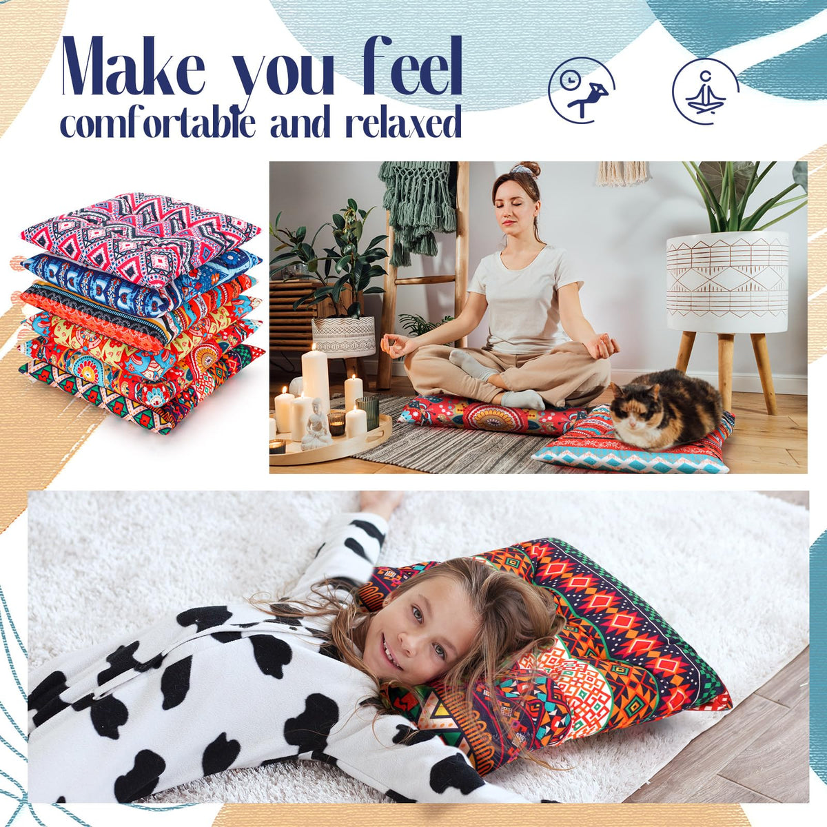 6 Pcs Bohemian Floor Pillows 15 Inch (Classic)