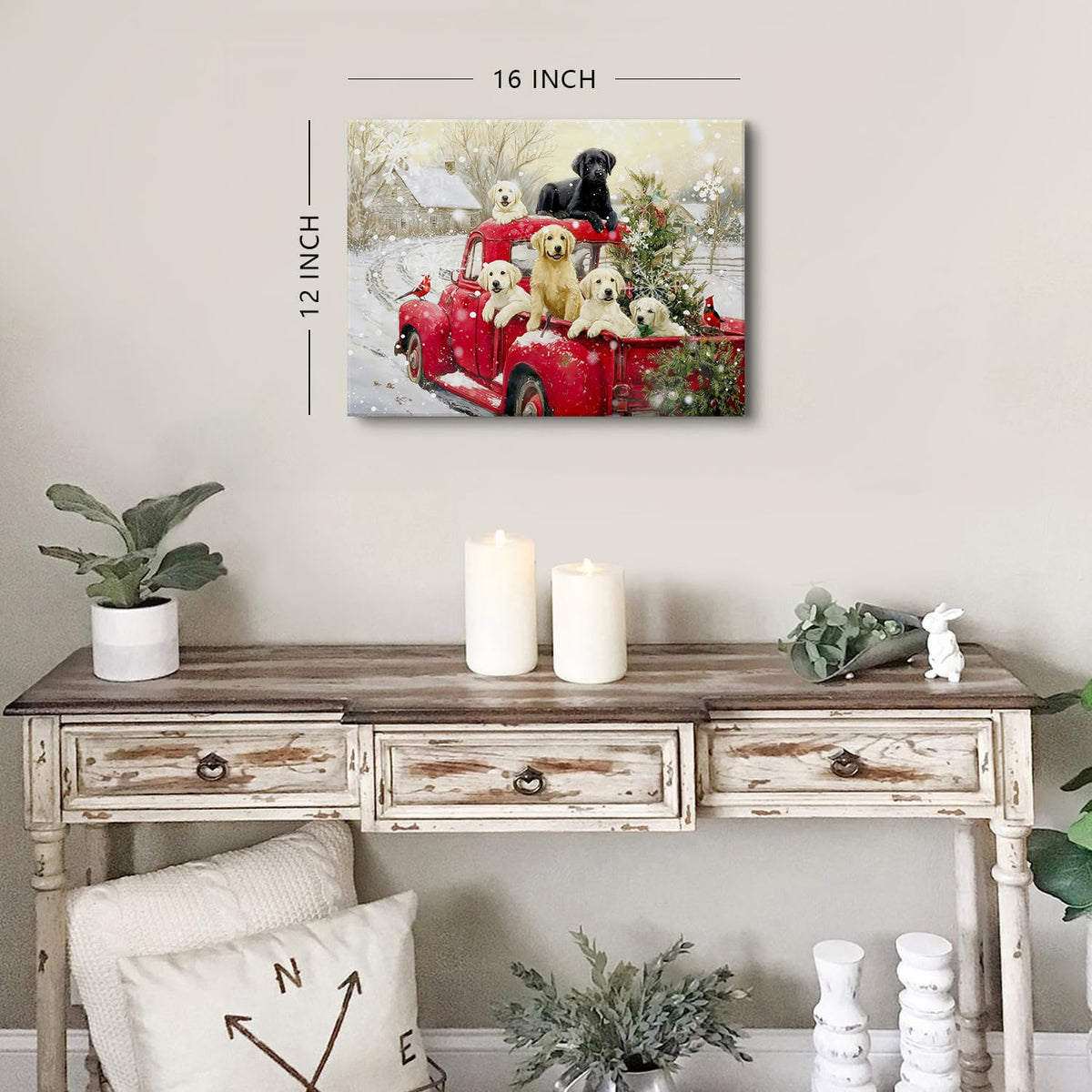 Christmas Wall Art for Living Room Red Pickup Truck Wall Decor Farmhouse Dogs Canvas Prints Christmas Tree Pictures Country Winter Snow Scenic Paintings Artwork Bedroom Kitchen Home Decorations 12x16" (16"L x 12"W / Xmas Puppy)