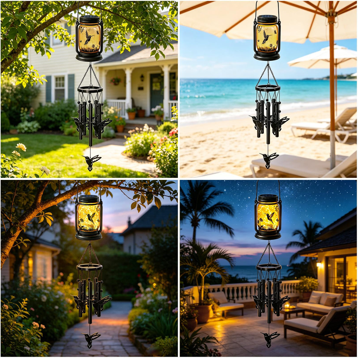 2 Pack Solar Hummingbird Wind Chimes for Outside (2 pack- hummingbird jar wind chime)