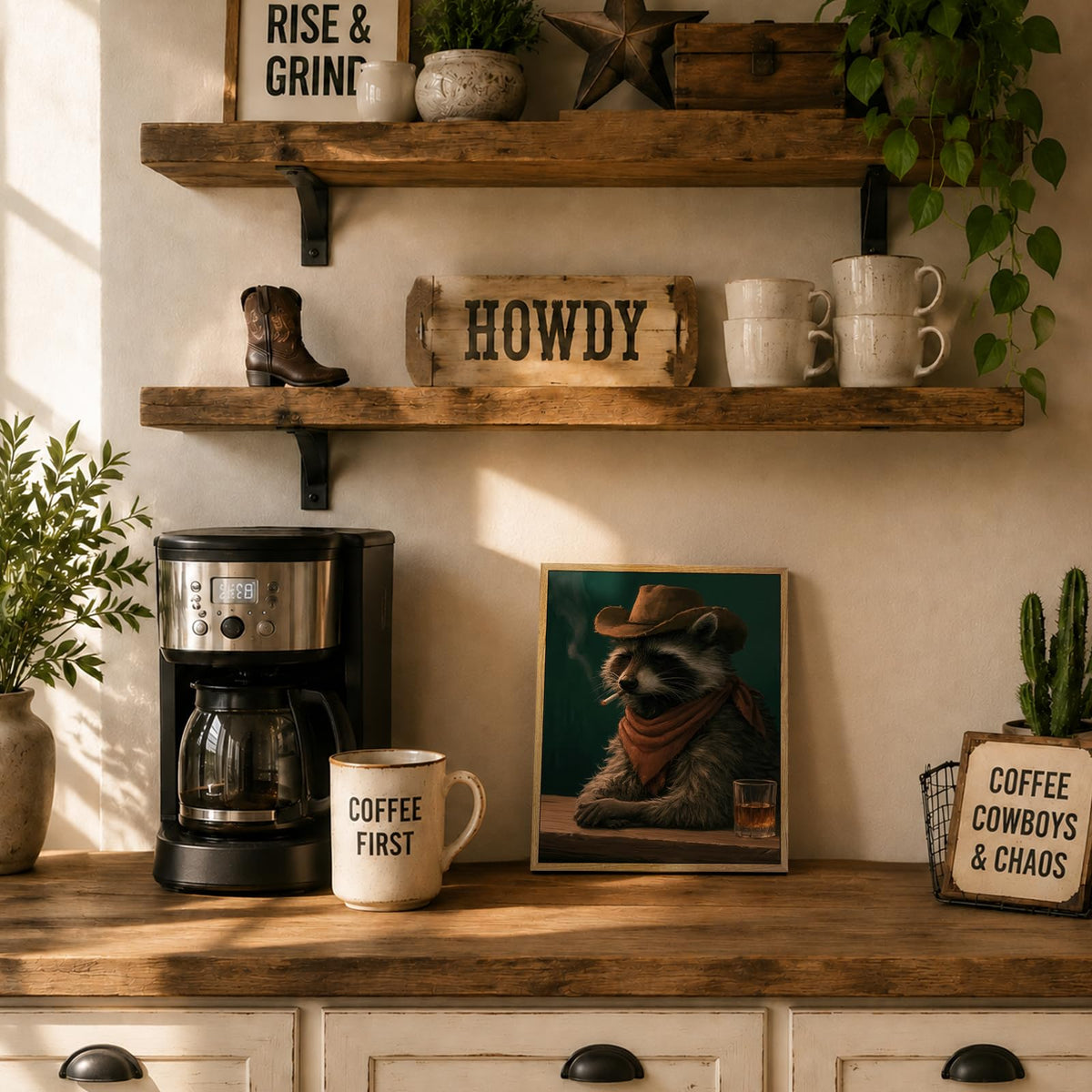 Framed Vintage Cowboy Raccoon Wall Art Funny Animal Wall Decor (Cowboy Raccoon / 8"L x 10"W)