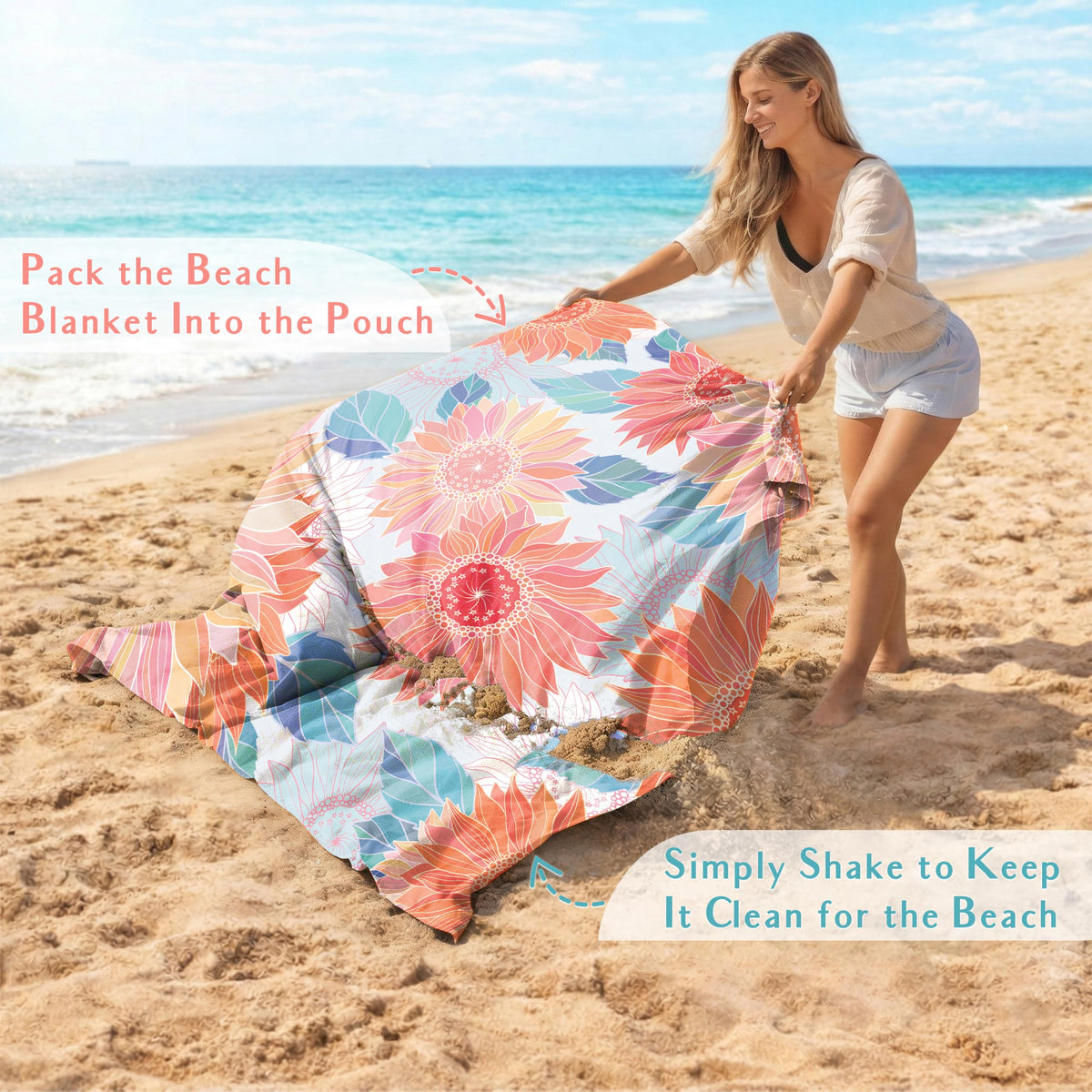 Beach Blanket Waterproof Sandproof (Blue Flower / 120“×108”)