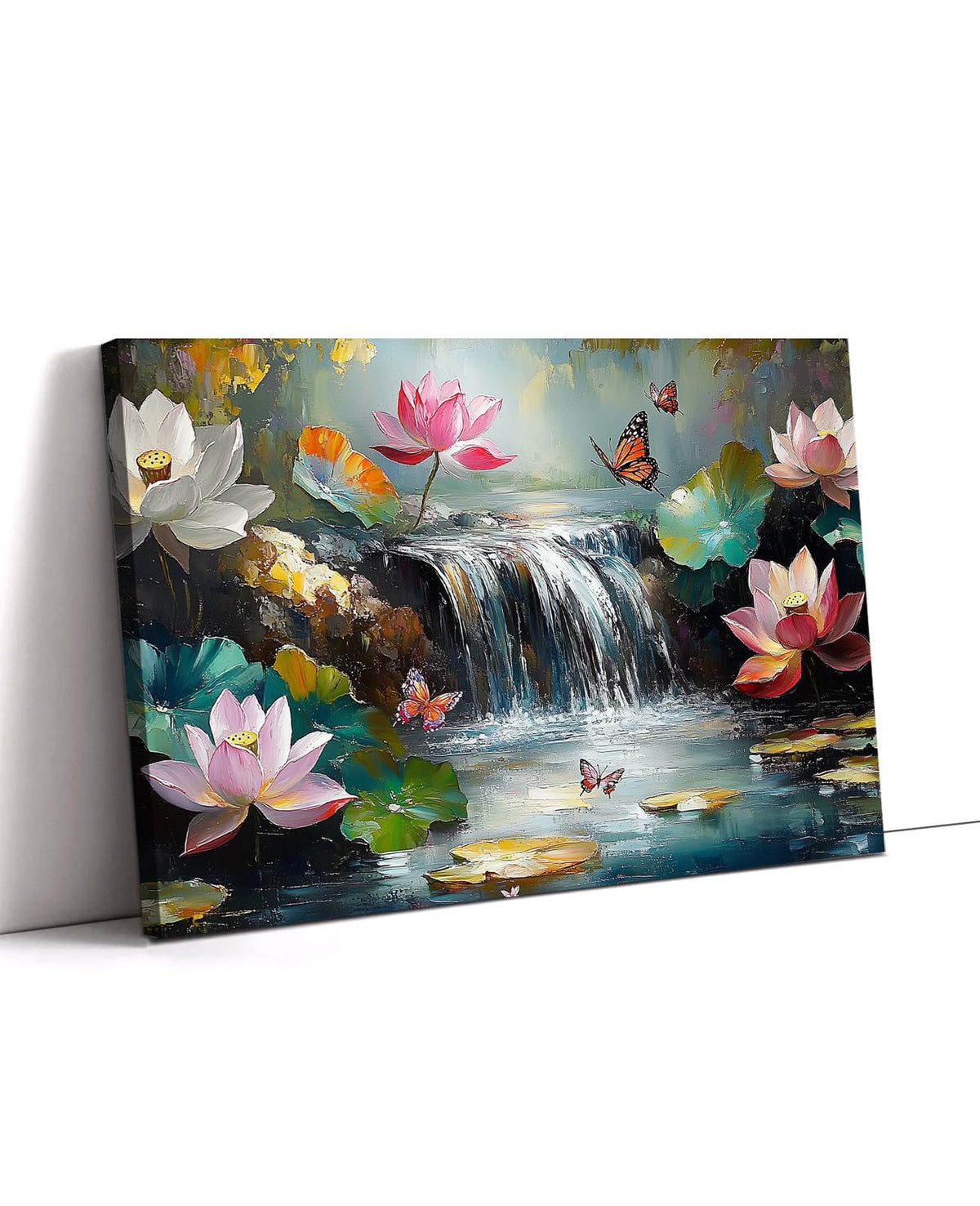 Large Lotus Wall Art Canvas Prints Flower Picture Water Lily with Butterfly Landscape Painting Zen Artwork Bathroom Living Room Decor Framed (48"L x 32"W / Green)