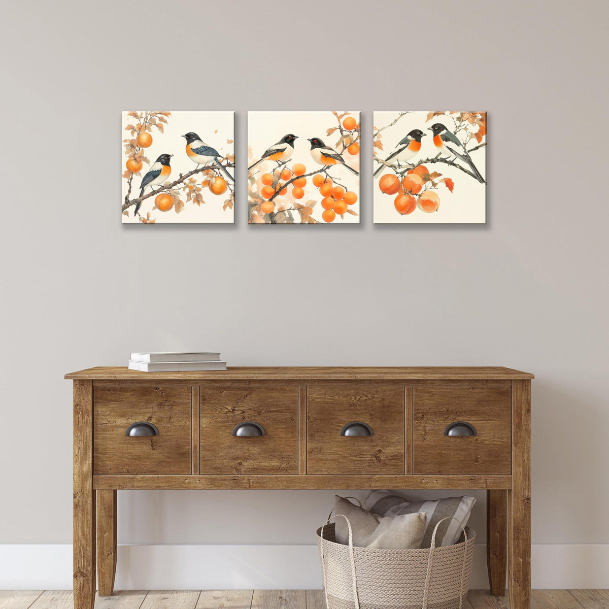 3PCS Vintage Style Watercolor Birds Orange Fruits Canvas Wall Art Botanical Autum Natural Scene Artwork for Living Room Bedroom Office Calming Wildlife and Fruit Branch Framed Canvas Prints (Birds Orange Fruits / 14x14 inches (3 pieces))