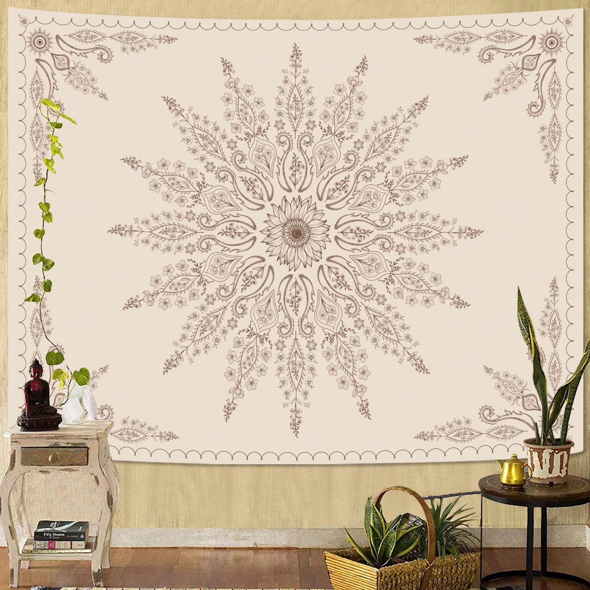 Boho Floral Mandala Tapestry for Bedroom Aesthetic Bohemian Flower Wall Tapestry Beige Hippie Indian Small Tapestries Wall Hanging for Living Room Dorm Decor 60 x 44 Inch (Light Beige / 60"L x 44"W)