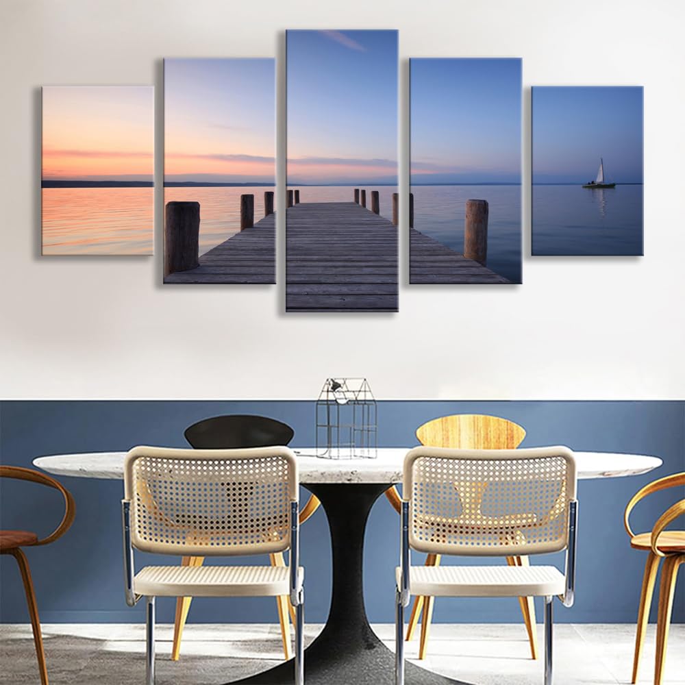 5 parts Bridges over the Sea Large Canvas Prints Wall Art Seascape Pictures Paintings for Bathroom Living Room Home Decorations 3 Panels Modern Gallery Wrapped Ocean Sea Beach Giclee Artwork (16x24inchx2,16x32inchx2,16x40x1 / blue 3)