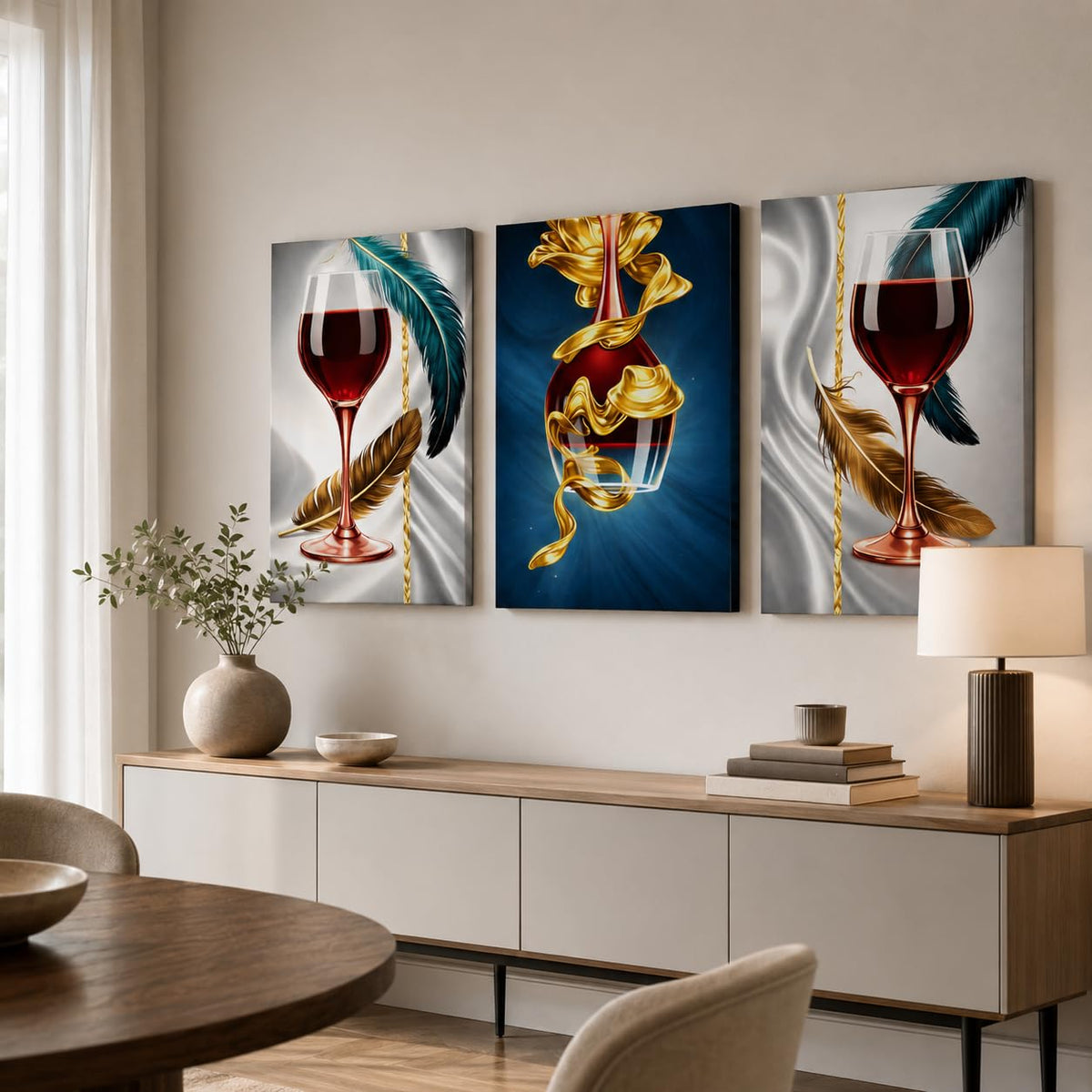 3 Piece Wall Art 16x20 Framed Canvas Wall Decor Modern Wine Glass and Gold Leaf Abstract Pictures for Living Room Bedroom Office Hallway Easy No Drill Hanging with Strips and Hooks (Simple canvas painting57)