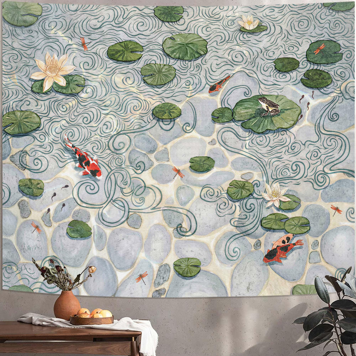 Japanese Lotus Pond Tapestry (Art Deco / Gray / 60"L x 44"W)