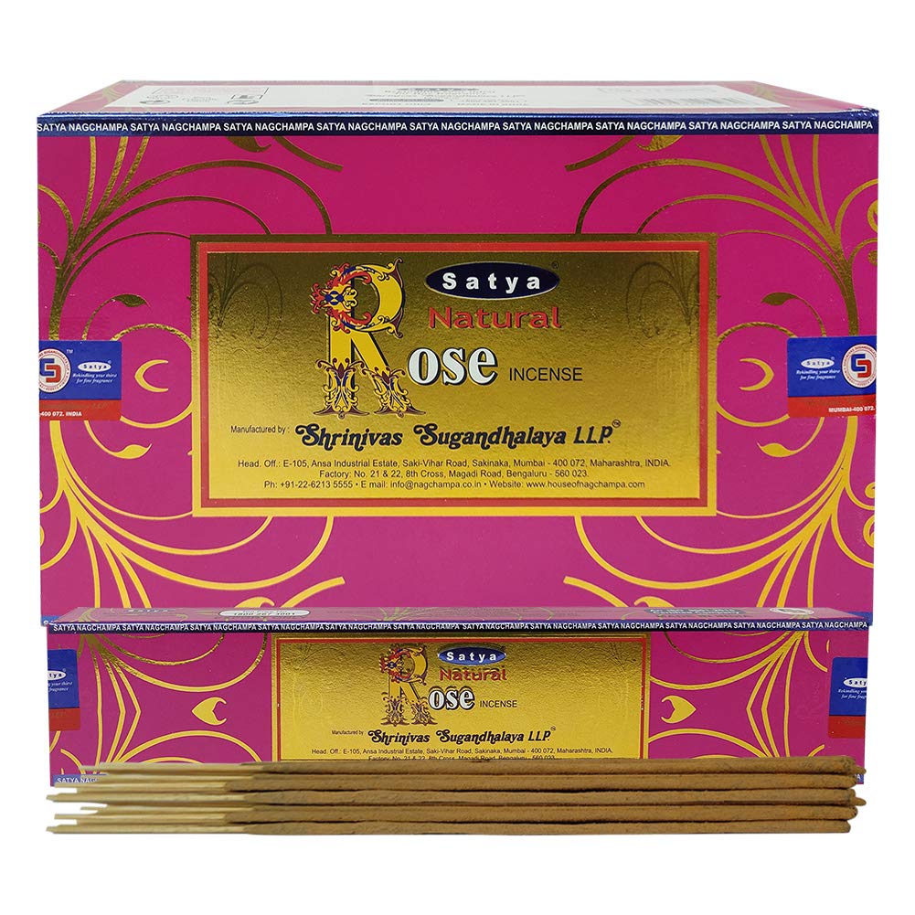 Natural Rose Incense Sticks and Incense Stick Holder Bundle Insence Satya (Natural Rose 15g - Pack of 12)