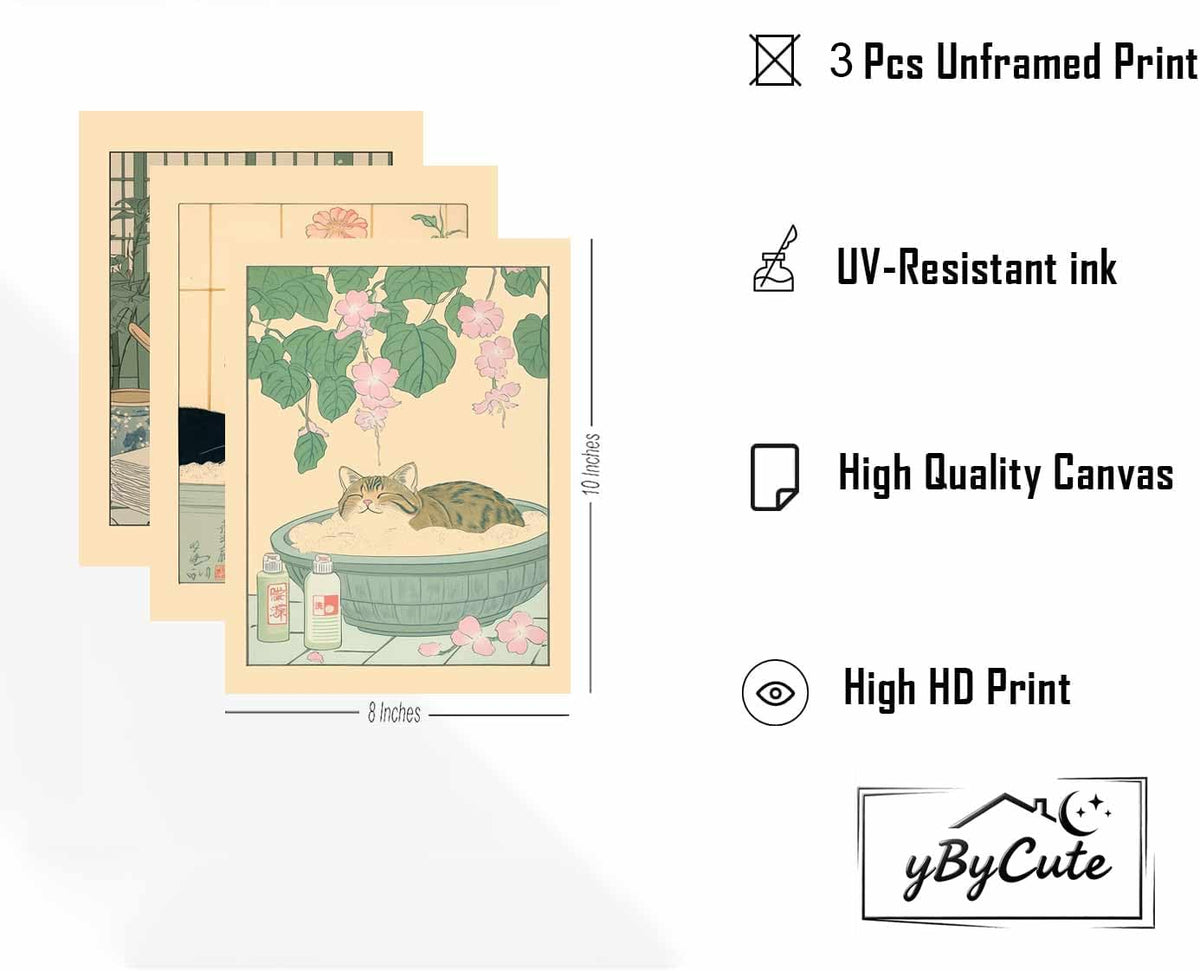 3 Pieces Japanese Cat Bathroom Posters Wall Art (Cat Bathroom Poster A / 8"X10")