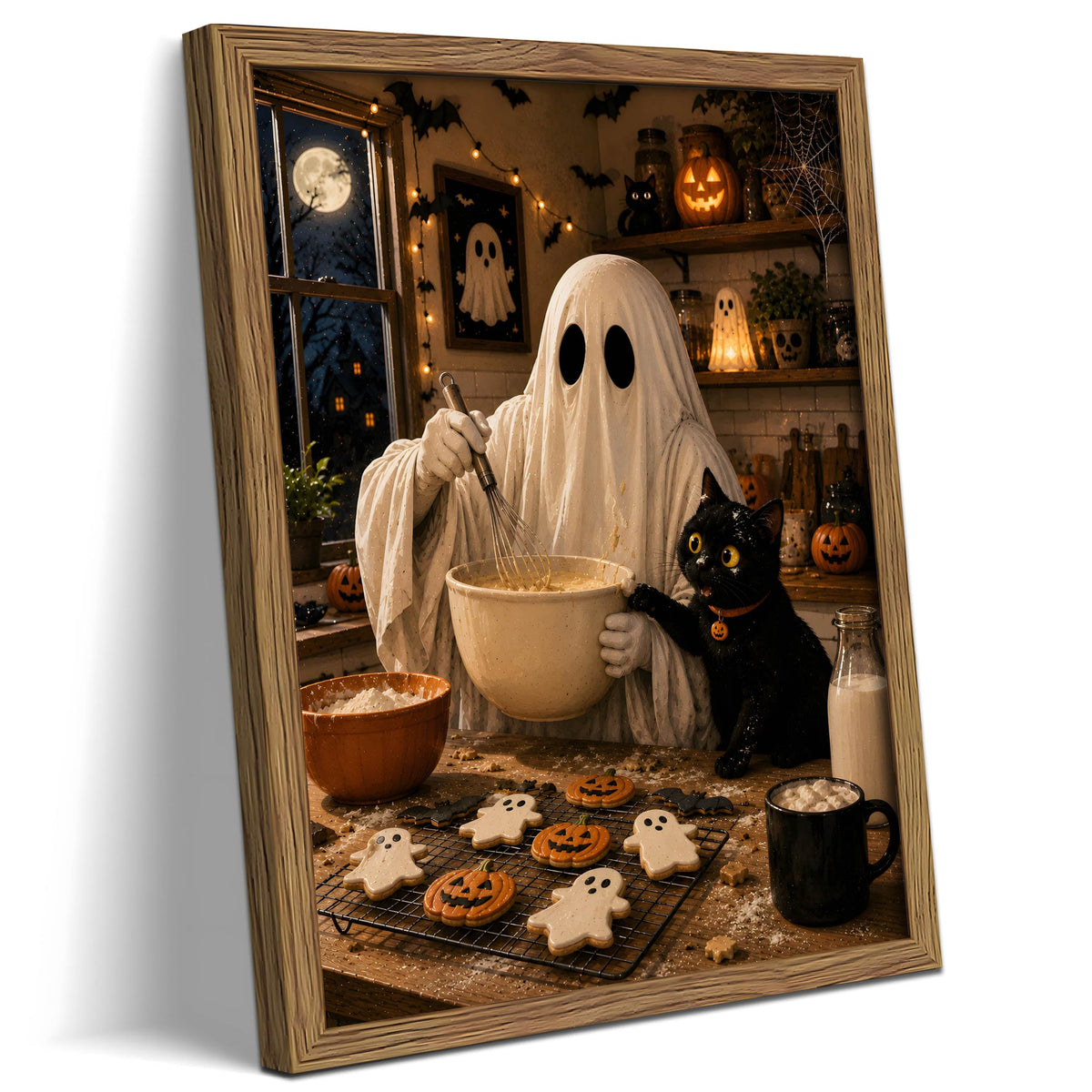 Framed Funny Halloween Kitchen Canvas Wall Art (A-Ghost Black Cat / 24"L x 16"W)