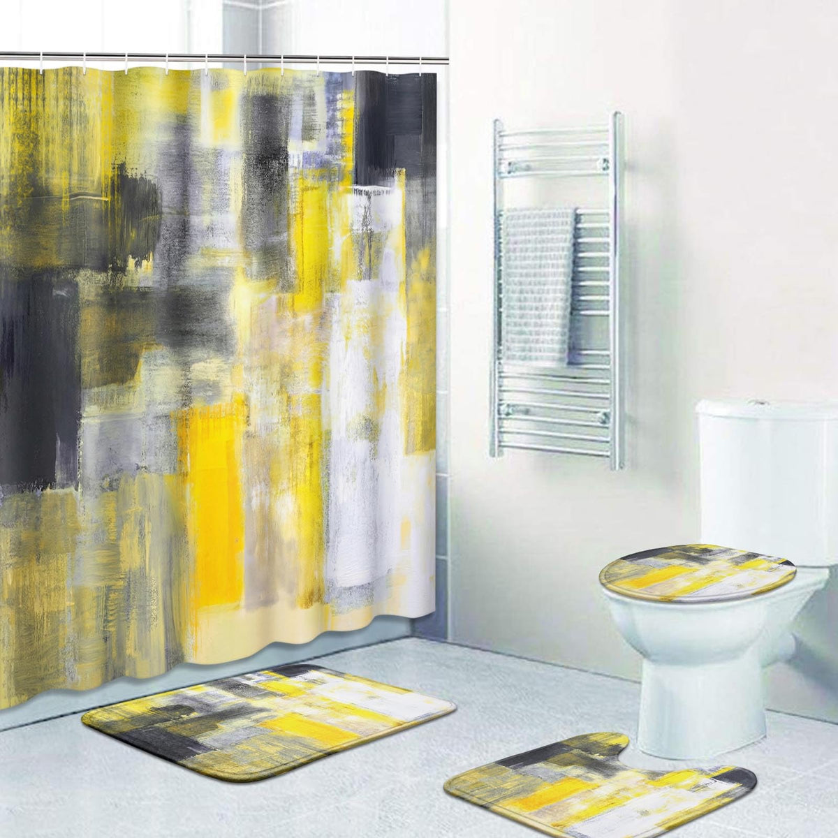 Bathroom Sets with Shower Curtain and Rugs Set of 4 Yellow Gray (Yellow Gray White)